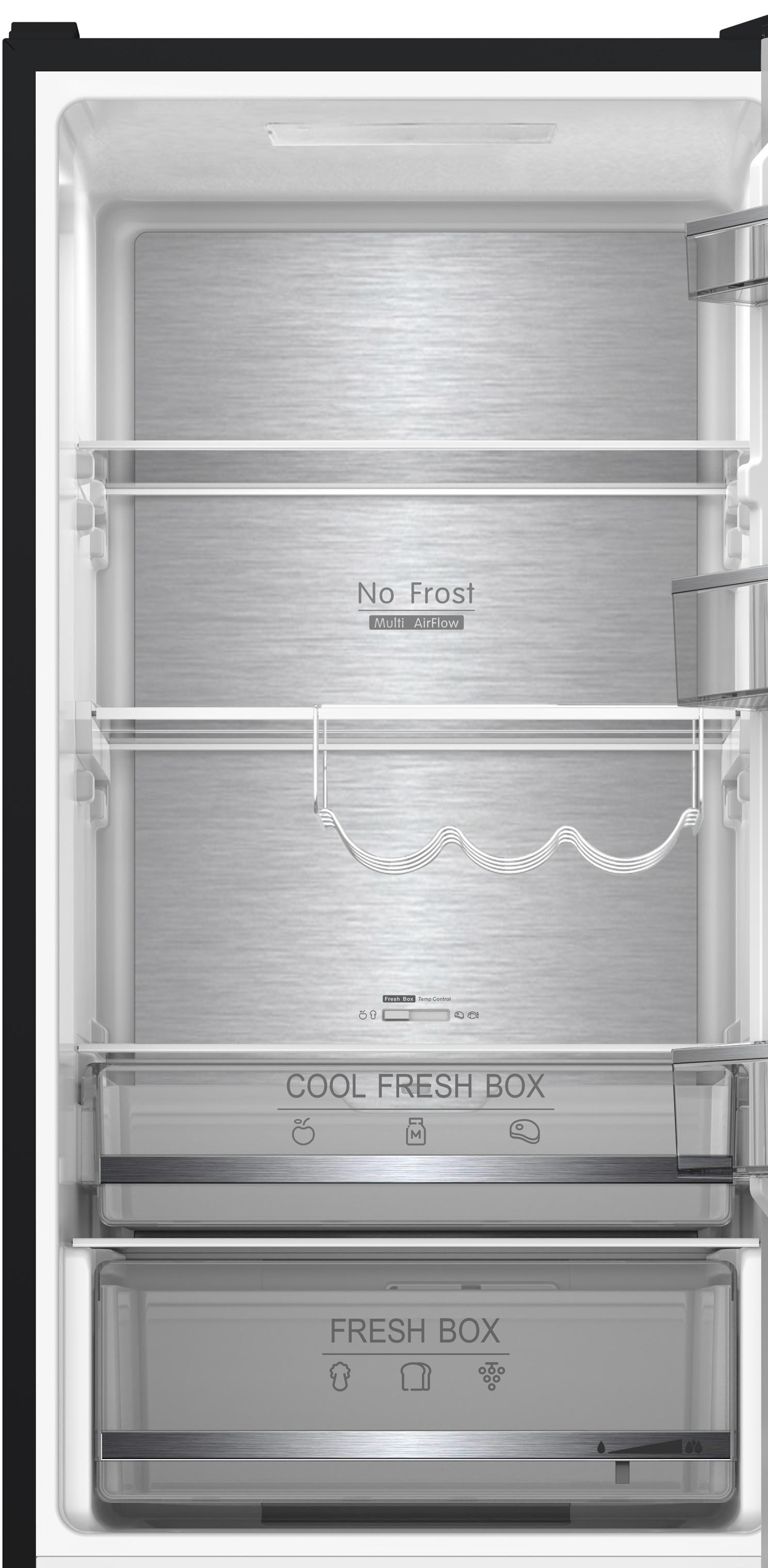 Interior de un refrigerador con estantes, cajones y la inscripción 
