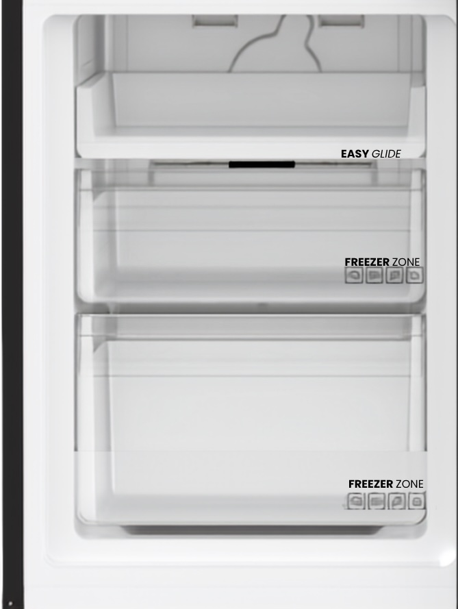Vista interior de un refrigerador con dos cajones congeladores y un estante.