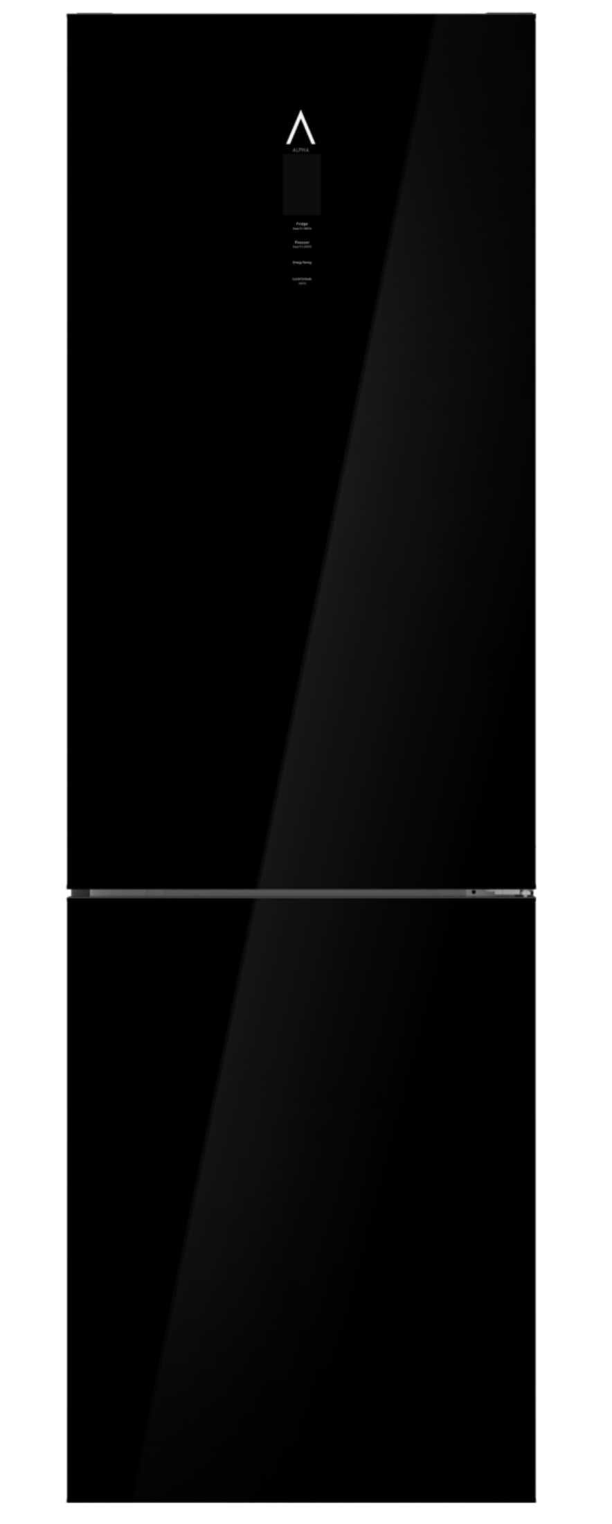 Un refrigerador negro moderno con panel de control táctil y logo.