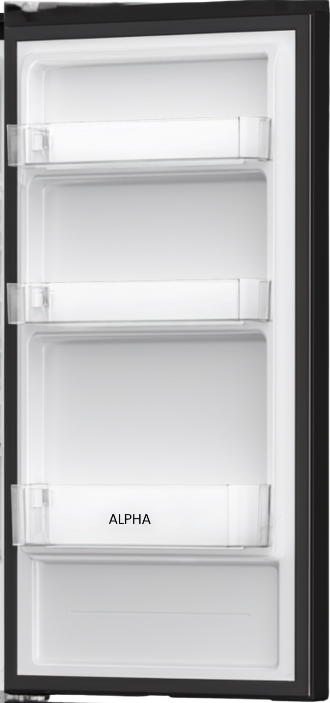 Refrigerador vacío con estantes transparentes y un cajón ALPHA.