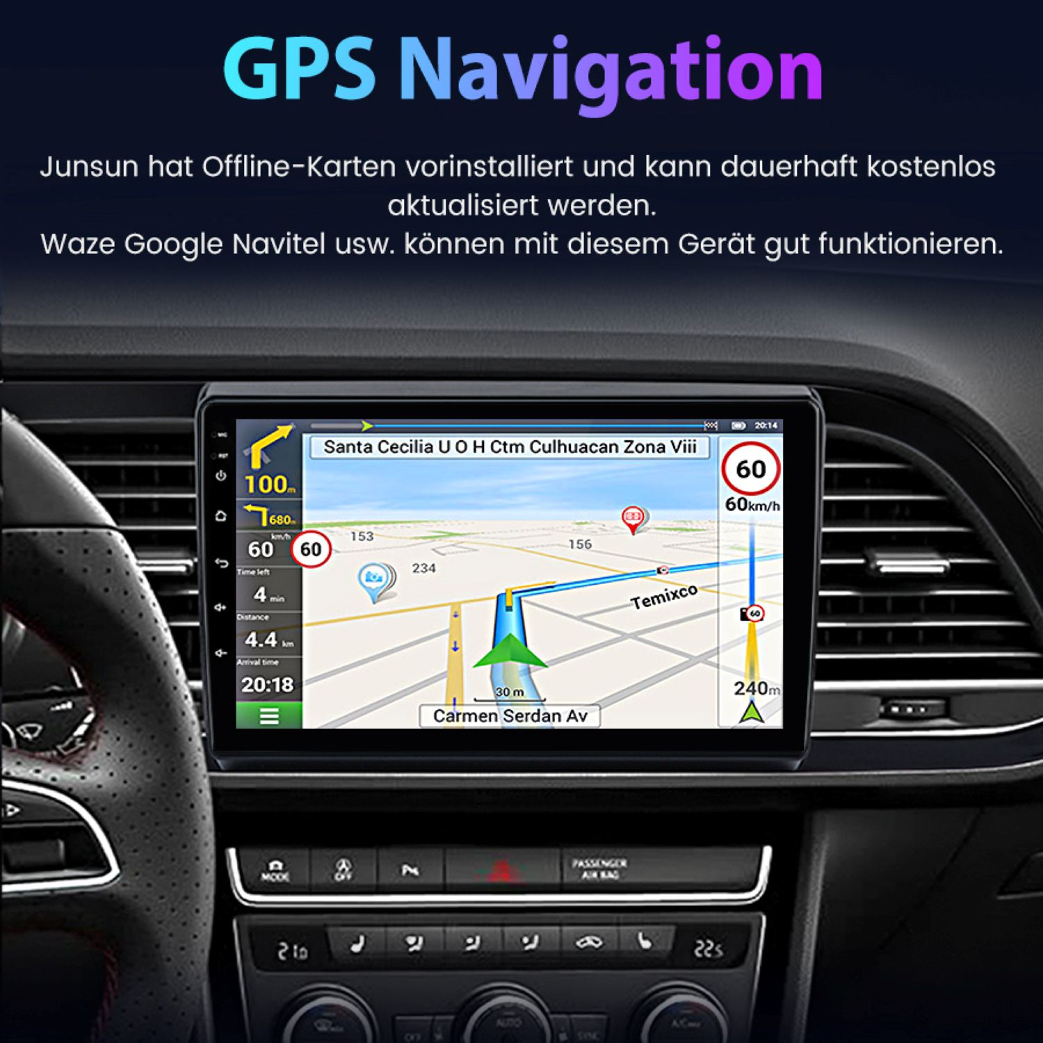 GPS-Navigationsbildschirm im Auto mit Karte, Geschwindigkeit und Route.
