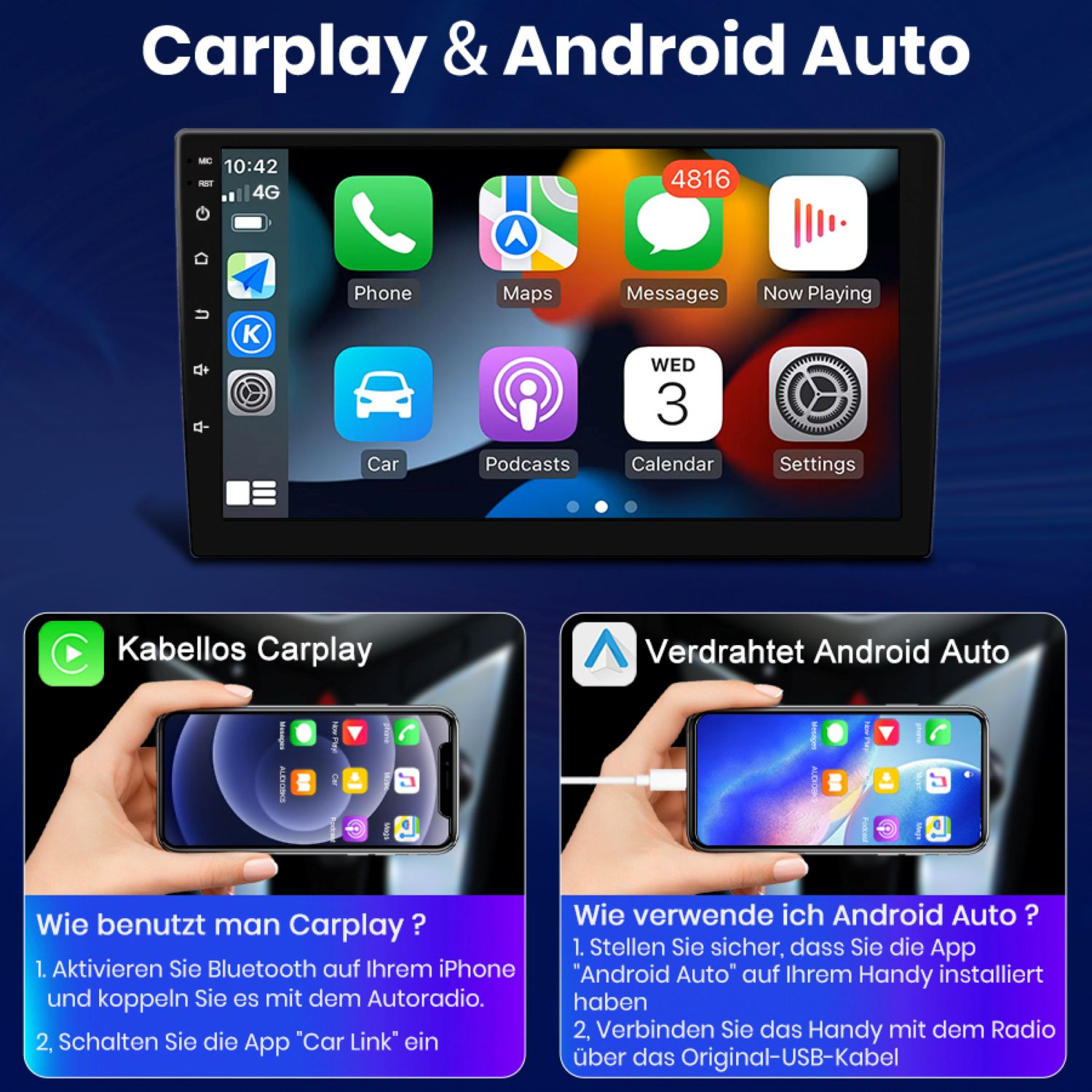 Carplay & Android Auto mit Handy-Icons auf dem Bildschirm und Anleitungen.