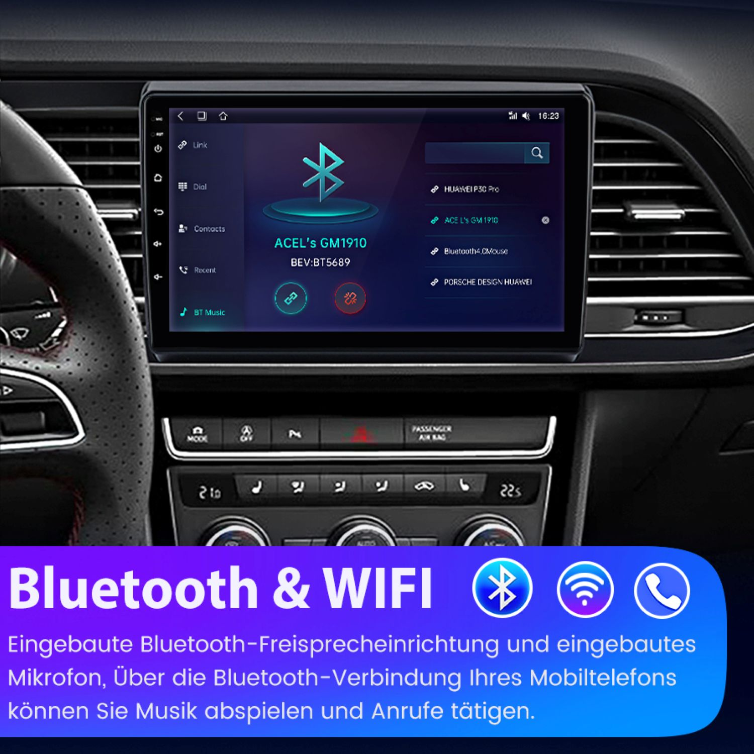Autoinnenraum mit großem Touchscreen-Display, das Bluetooth-Optionen zeigt.
