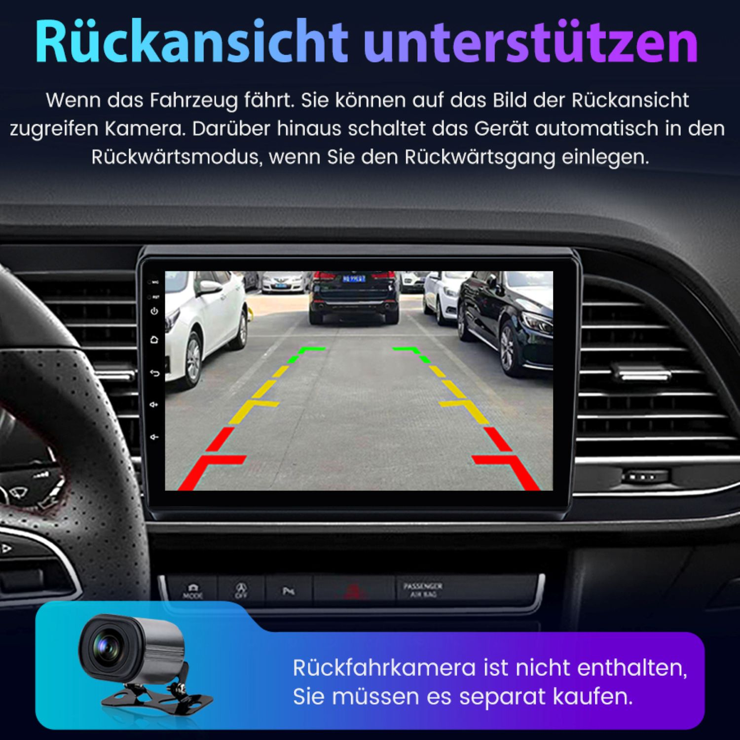 Rückfahrkamera-Ansicht im Auto mit Parklinien und Text.