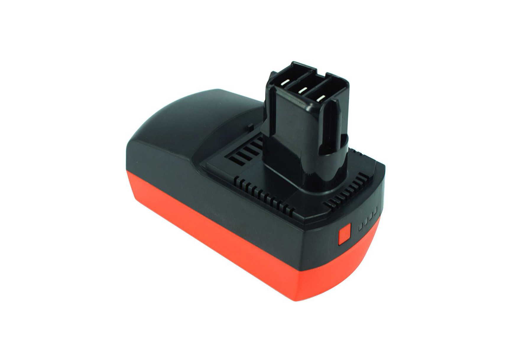 Ein schwarzer und oranger Lithium-Ionen-Akku mit Anschlüssen auf weißem Hintergrund.