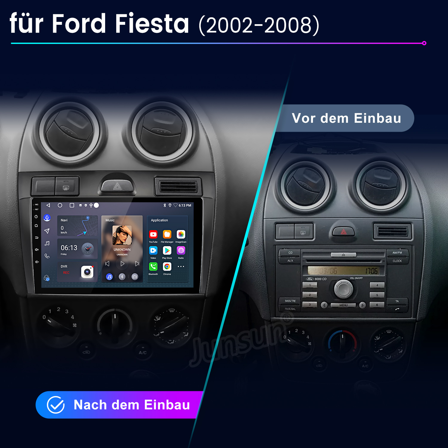 Vergleich eines Ford Fiesta Armaturenbretts vor und nach dem Einbau eines neuen Radios.