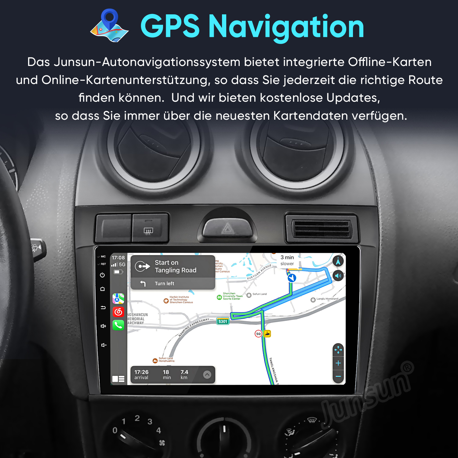 Ein Auto-Navigationssystem zeigt eine Karte mit Routenführung. Text beschreibt Funktionen.