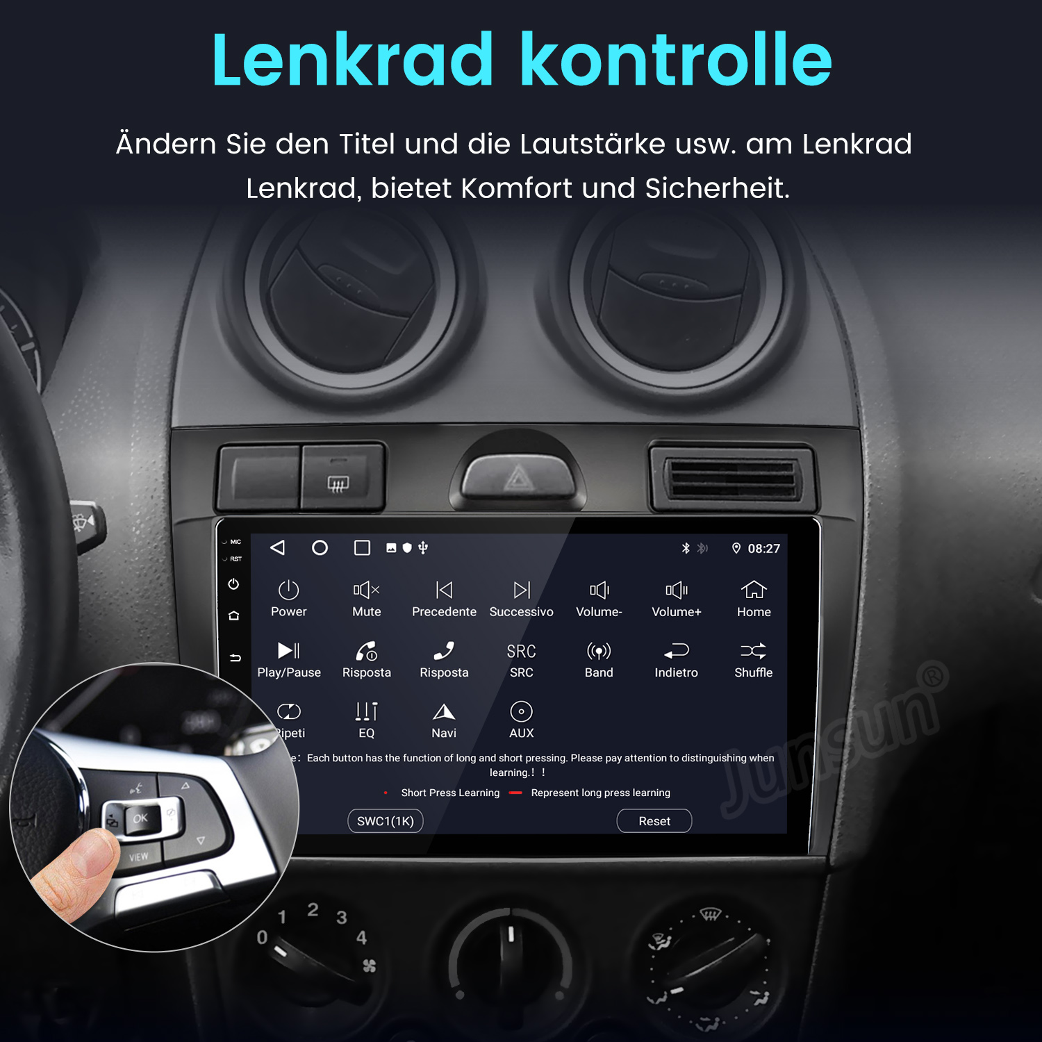 Lenkradsteuerung mit Touchscreen-Bedienung und Tastenübersicht.