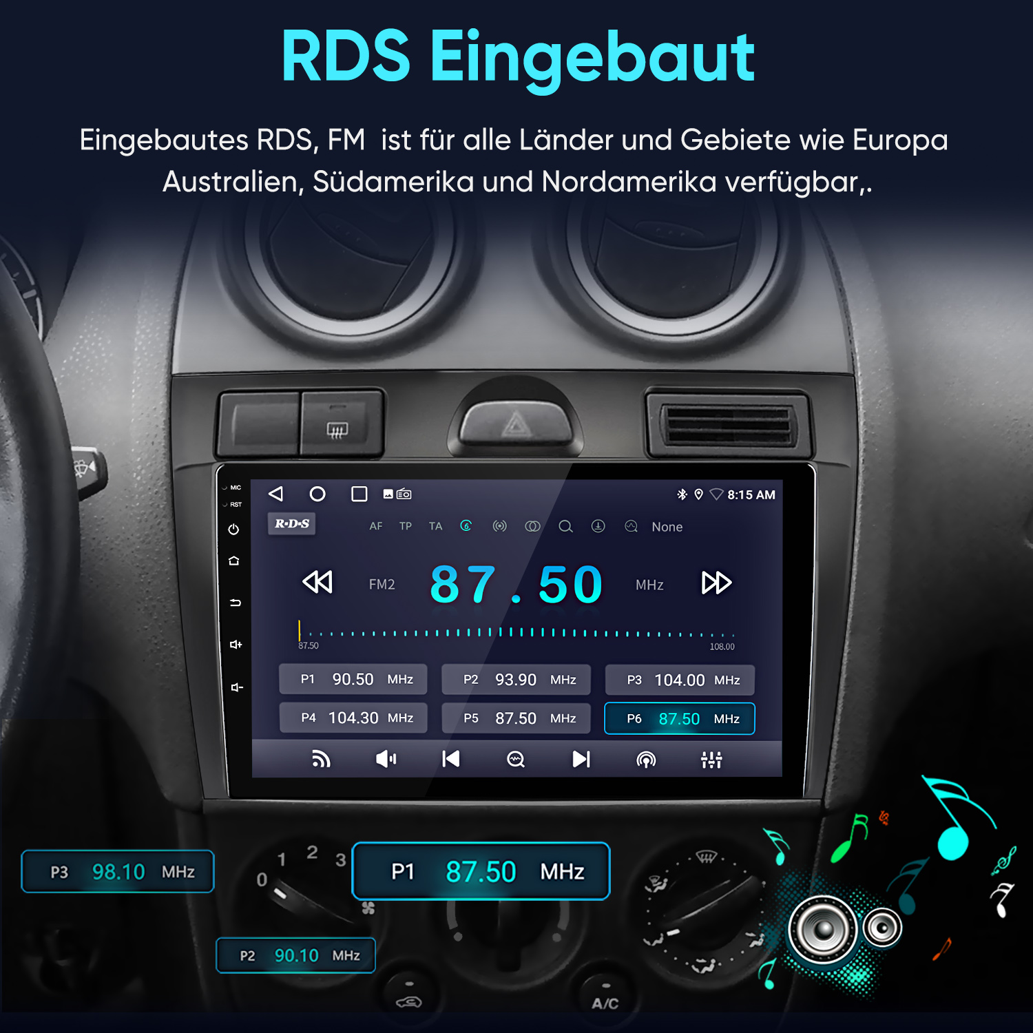 Auto-Radio-Display zeigt 87.50 MHz FM2, mit Presets und Bedienelementen.