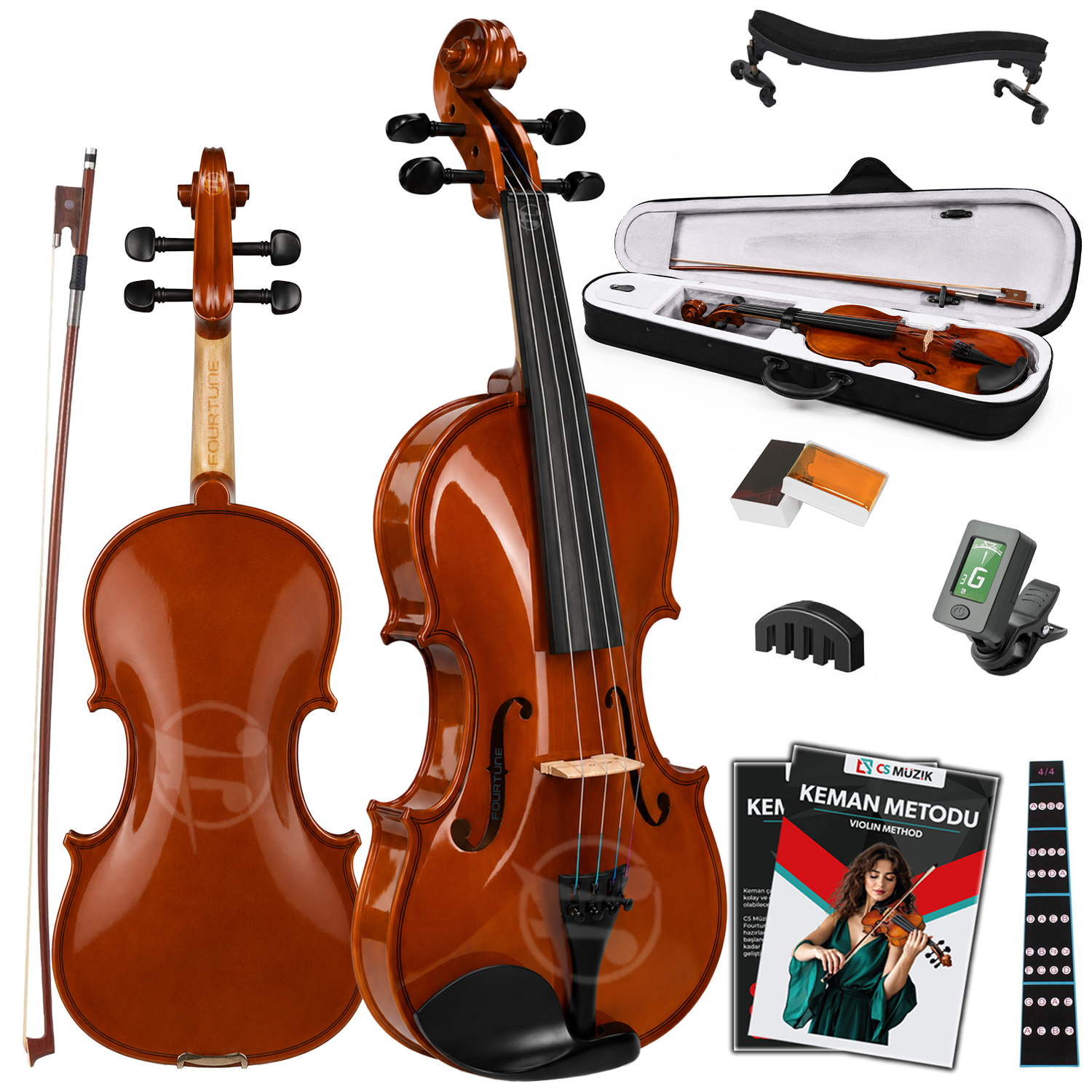 Keman, kılıf, omuzluk, reçine, tuner ve müzik kitabı içeren bir keman seti.