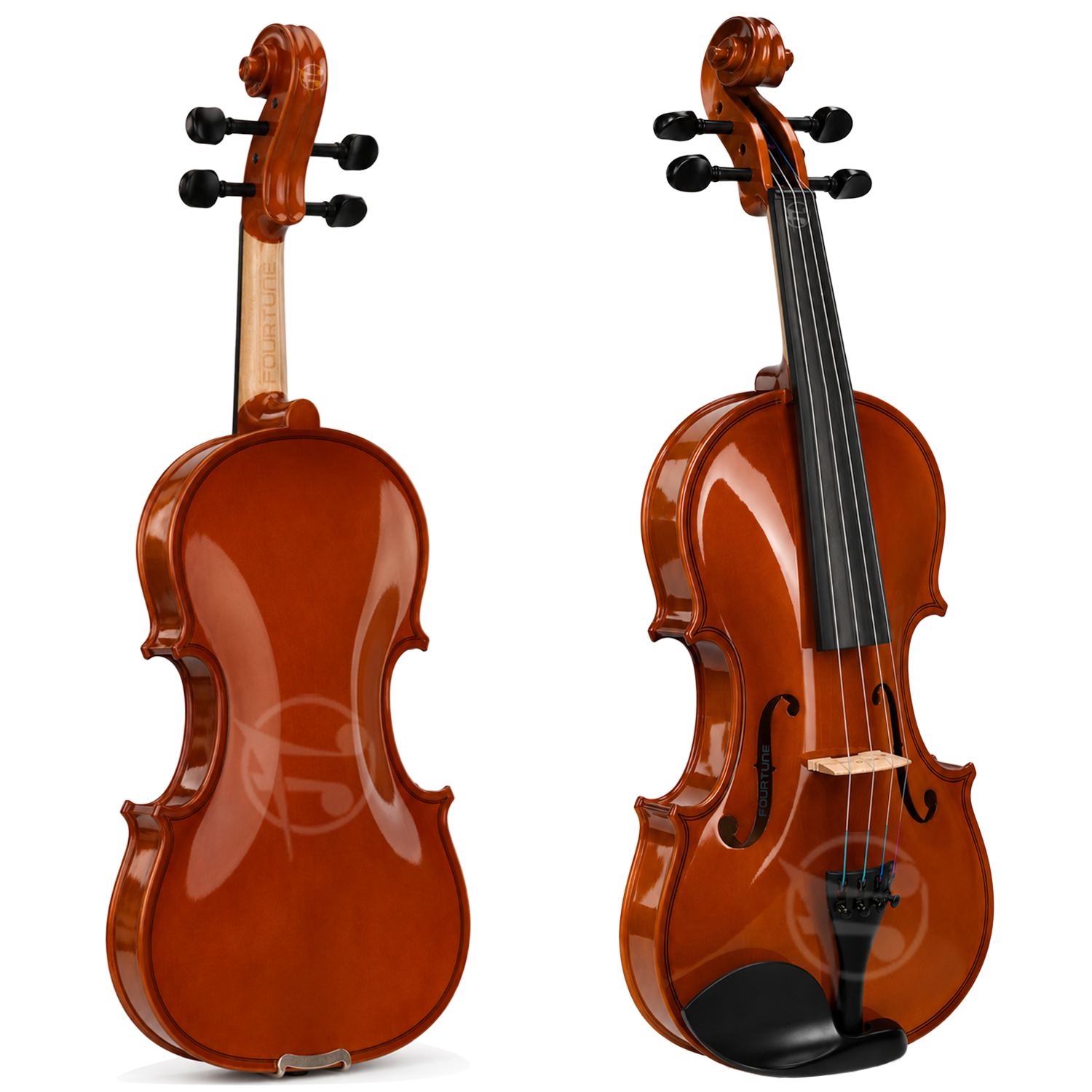 Siyah burgu ve telli kahverengi bir kemanın iki görünümü, beyaz zeminde.