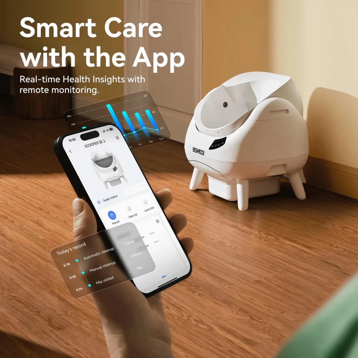 Uno smartphone mostra un'app per una lettiera autopulente, con la lettiera bianca accanto.