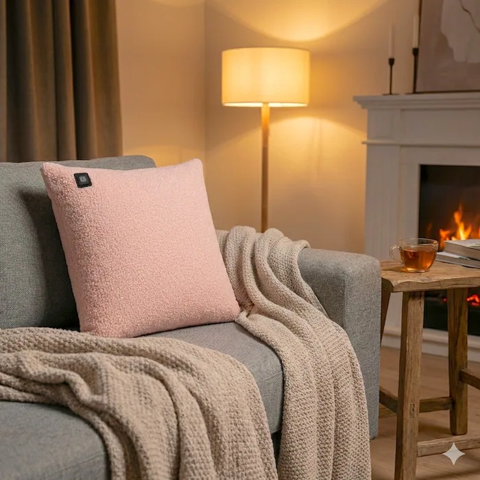 Ein rosafarbenes Kissen mit Heizfunktion liegt auf einem grauen Sofa neben Decken.