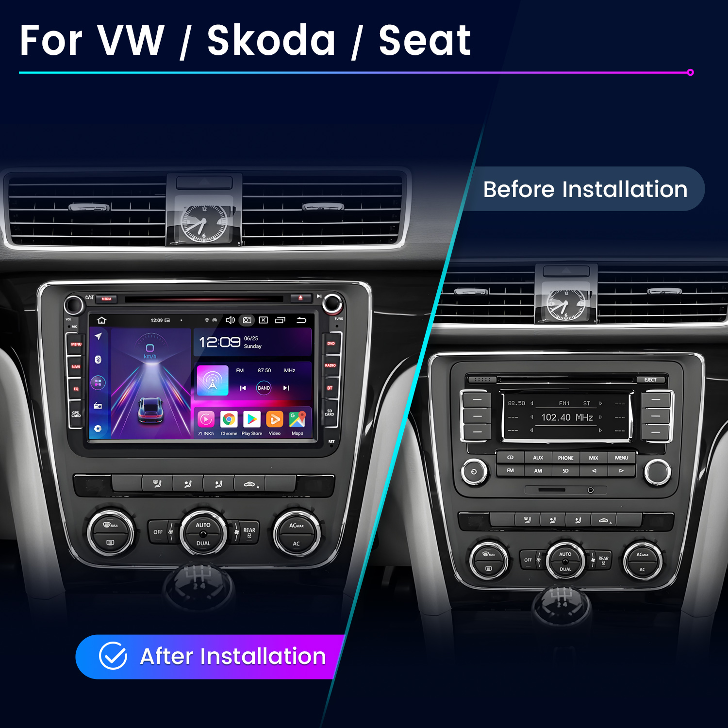 Comparación antes y después de una radio de coche para VW, Skoda, Seat con nuevo sistema multimedia.