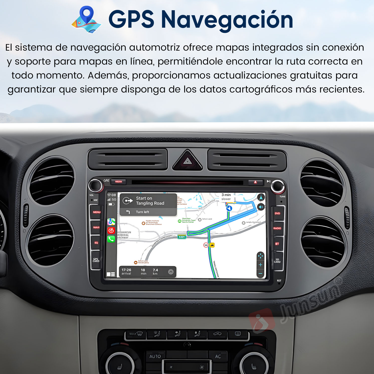 Salpicadero de coche con pantalla de navegación GPS mostrando una ruta.