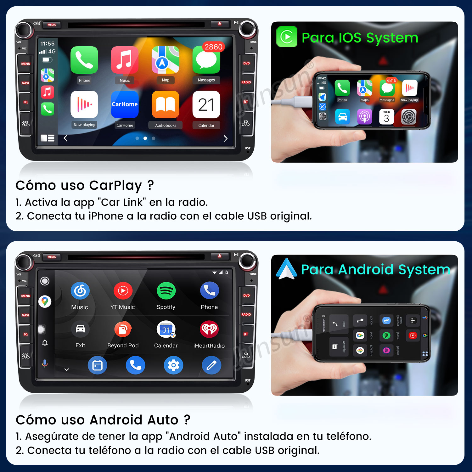 Imagen muestra sistemas de infoentretenimiento: CarPlay para iOS y Android Auto. Ambos conectados a un smartphone.