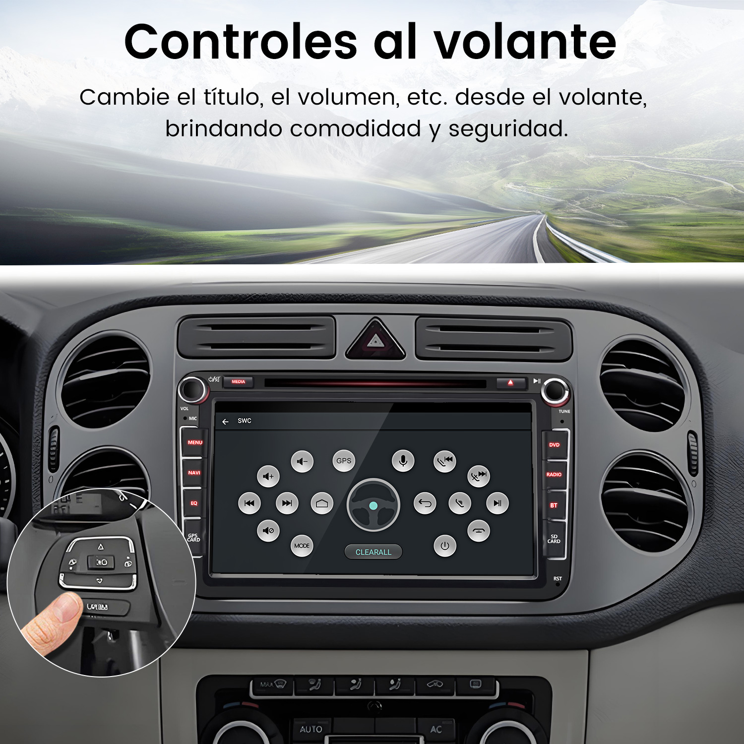 Interior de un coche con radio de pantalla táctil y mandos en el volante.