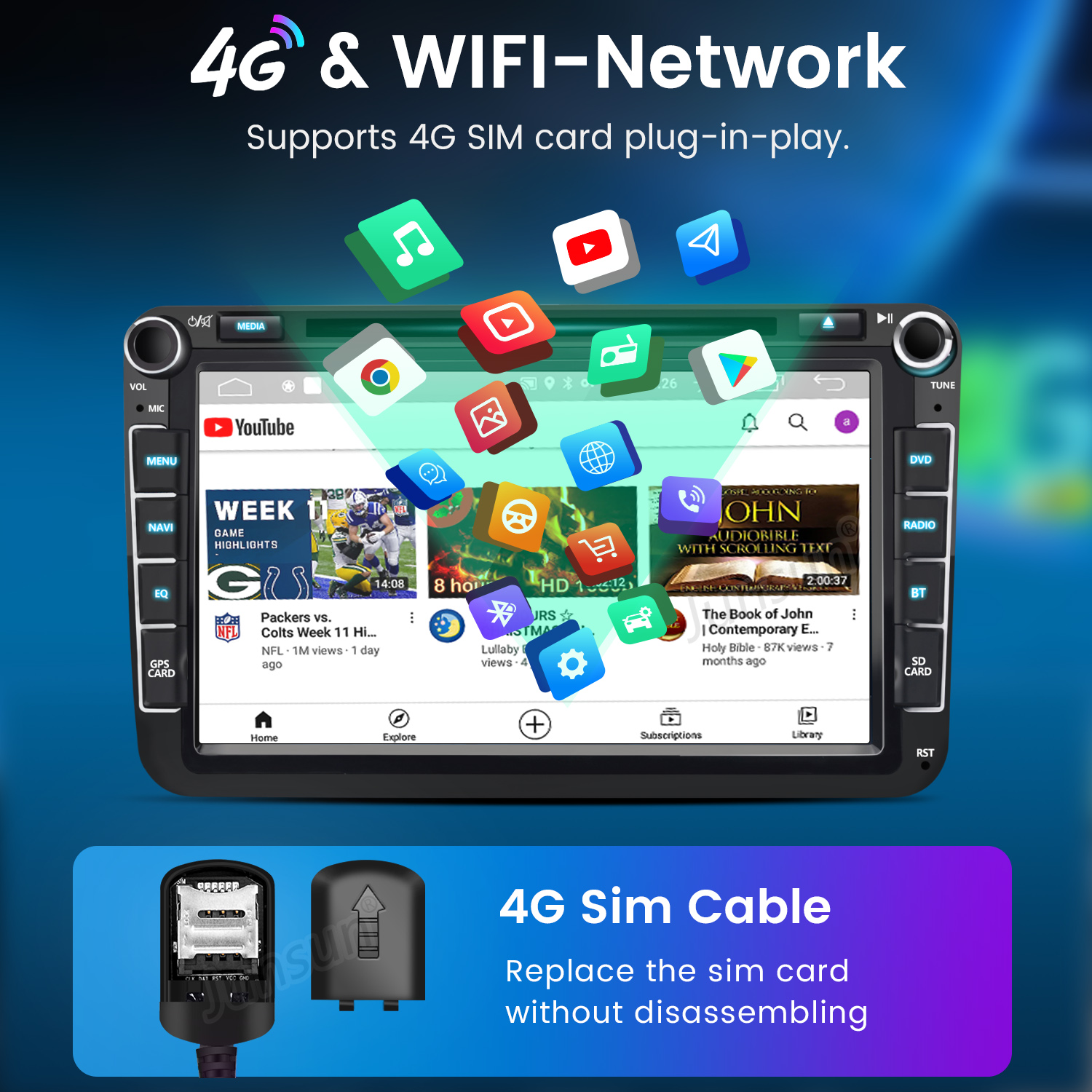 Radio de coche muestra apps como YouTube y NFL, con iconos 4G/WIFI.
