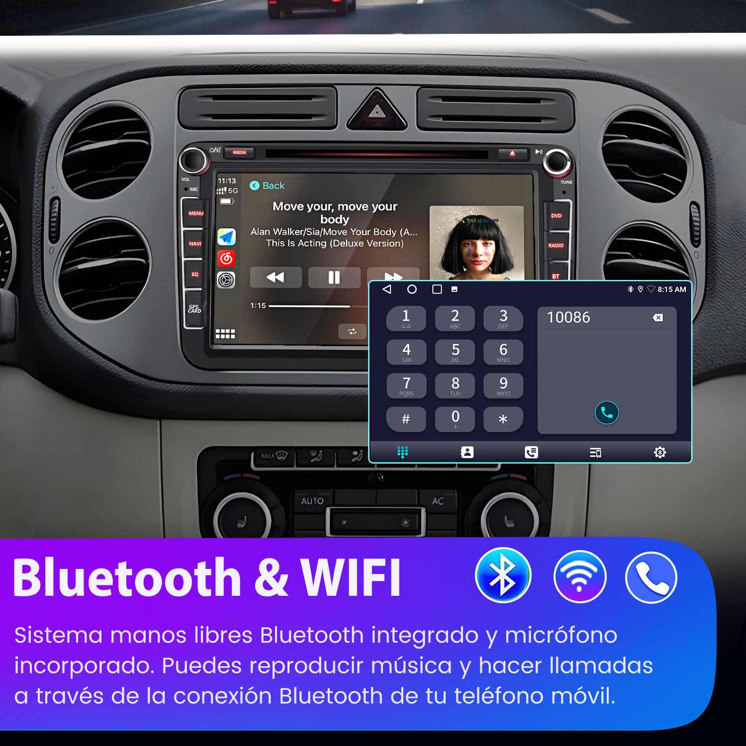 Sistema de infoentretenimiento del coche con música y marcador. Bluetooth y WIFI.