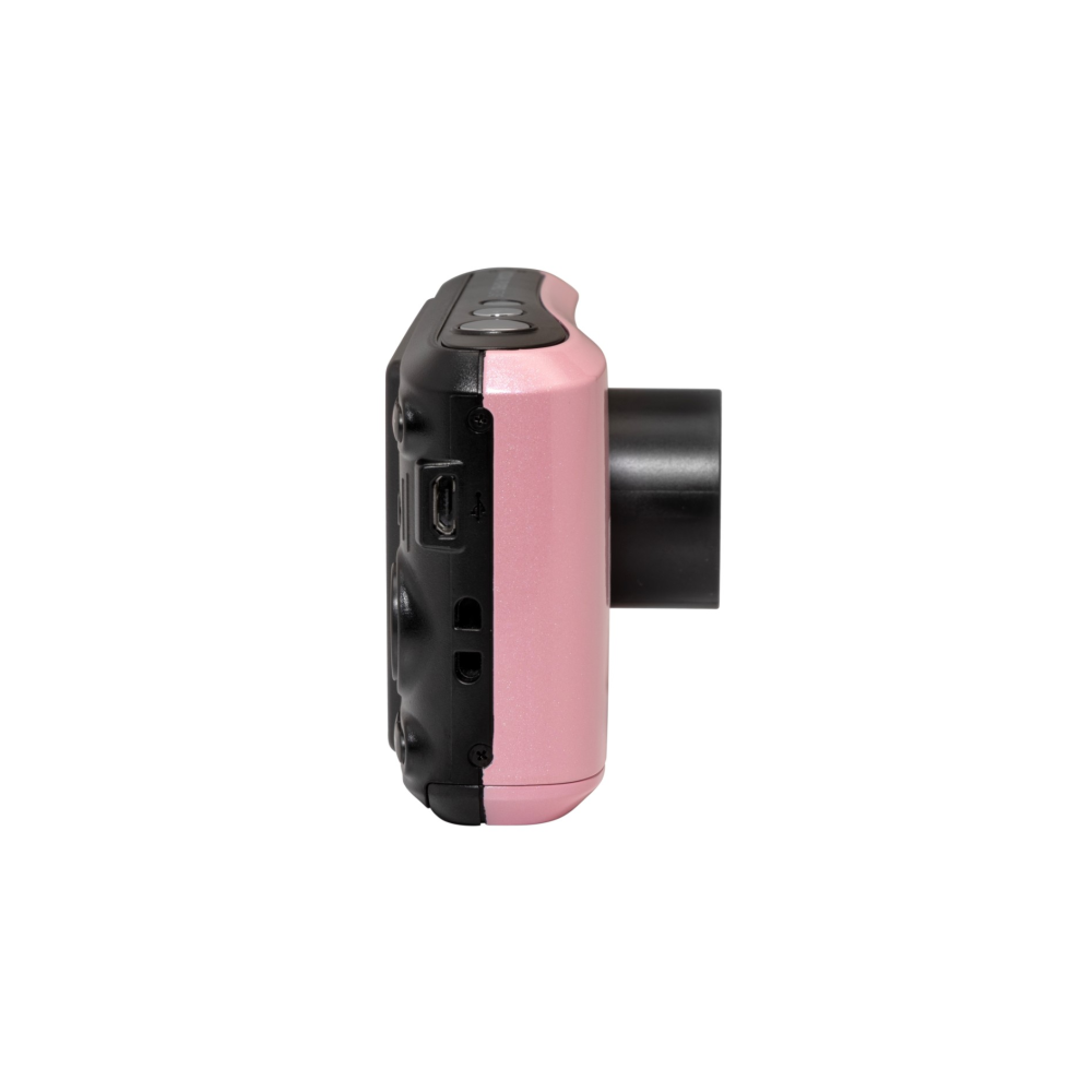 Una cámara digital rosa y negra se muestra de perfil, con botones arriba y puertos al lado.