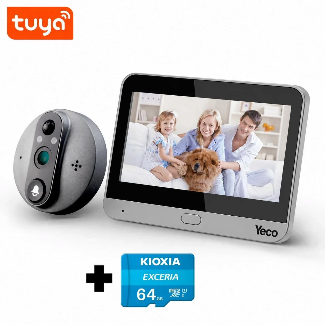 Tuya kapı kamerası, aile ve köpeği gösteren Yeco ekranı, KIOXIA 64 GB kart.