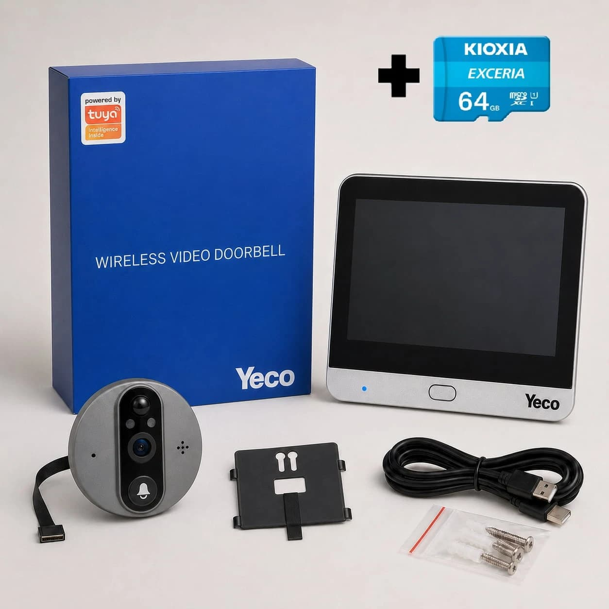 Yeco kablosuz video kapı zili seti: kamera, monitör, kutu, SD kart, kablo, vidalar.