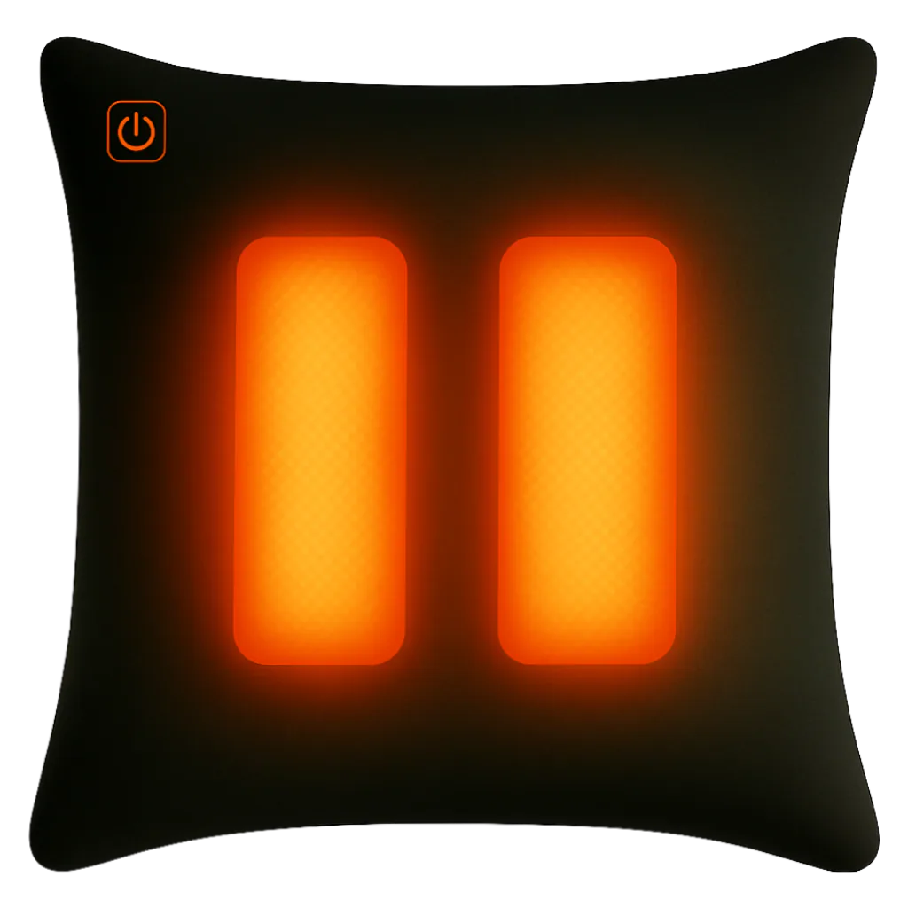 Ein schwarzes Kissen mit zwei beleuchteten orangefarbenen rechteckigen Heizkissen und einem Power-Symbol.