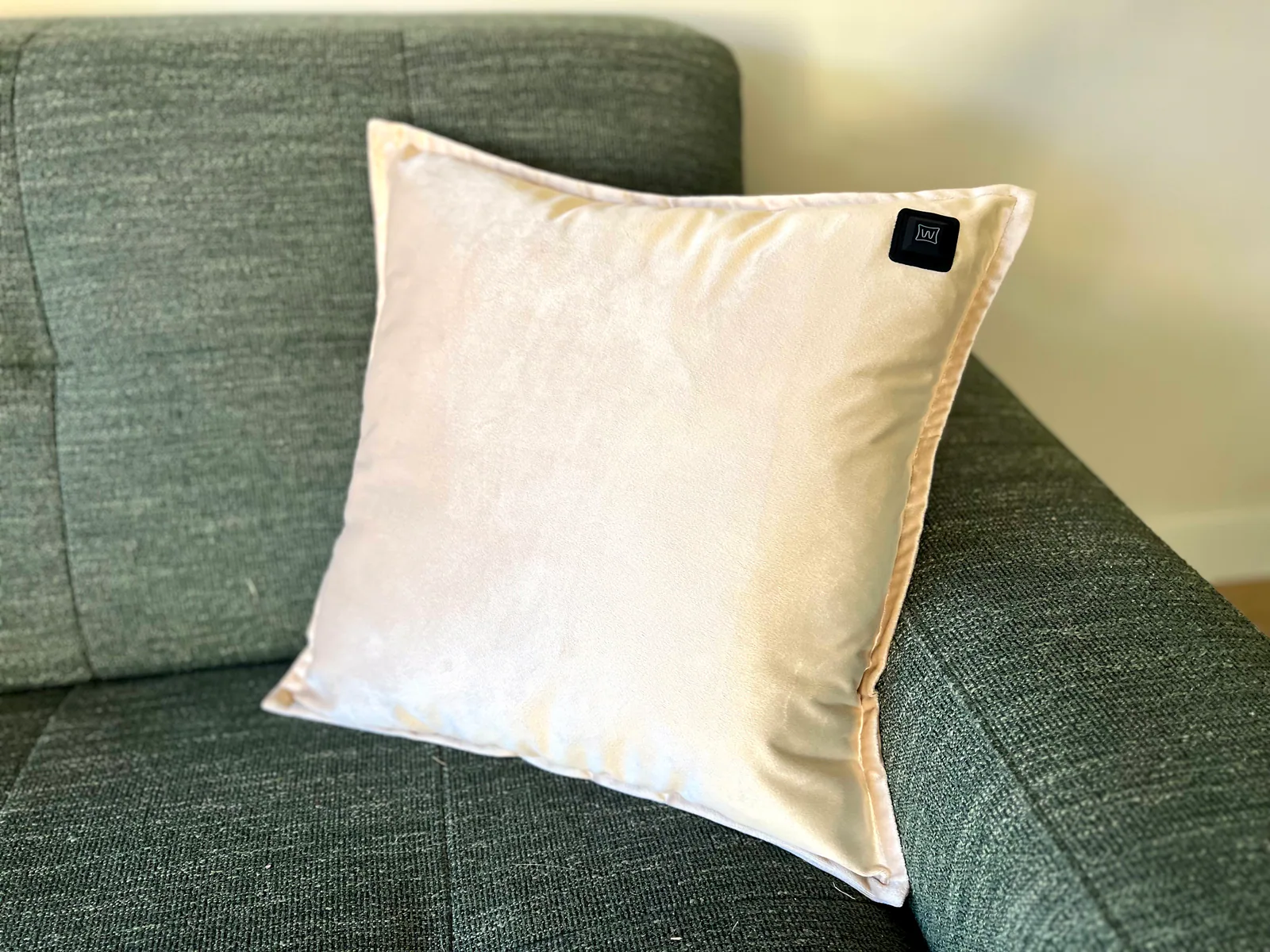 Ein hellbeiges Kissen mit schwarzem Logo auf einem grünen Sofa.