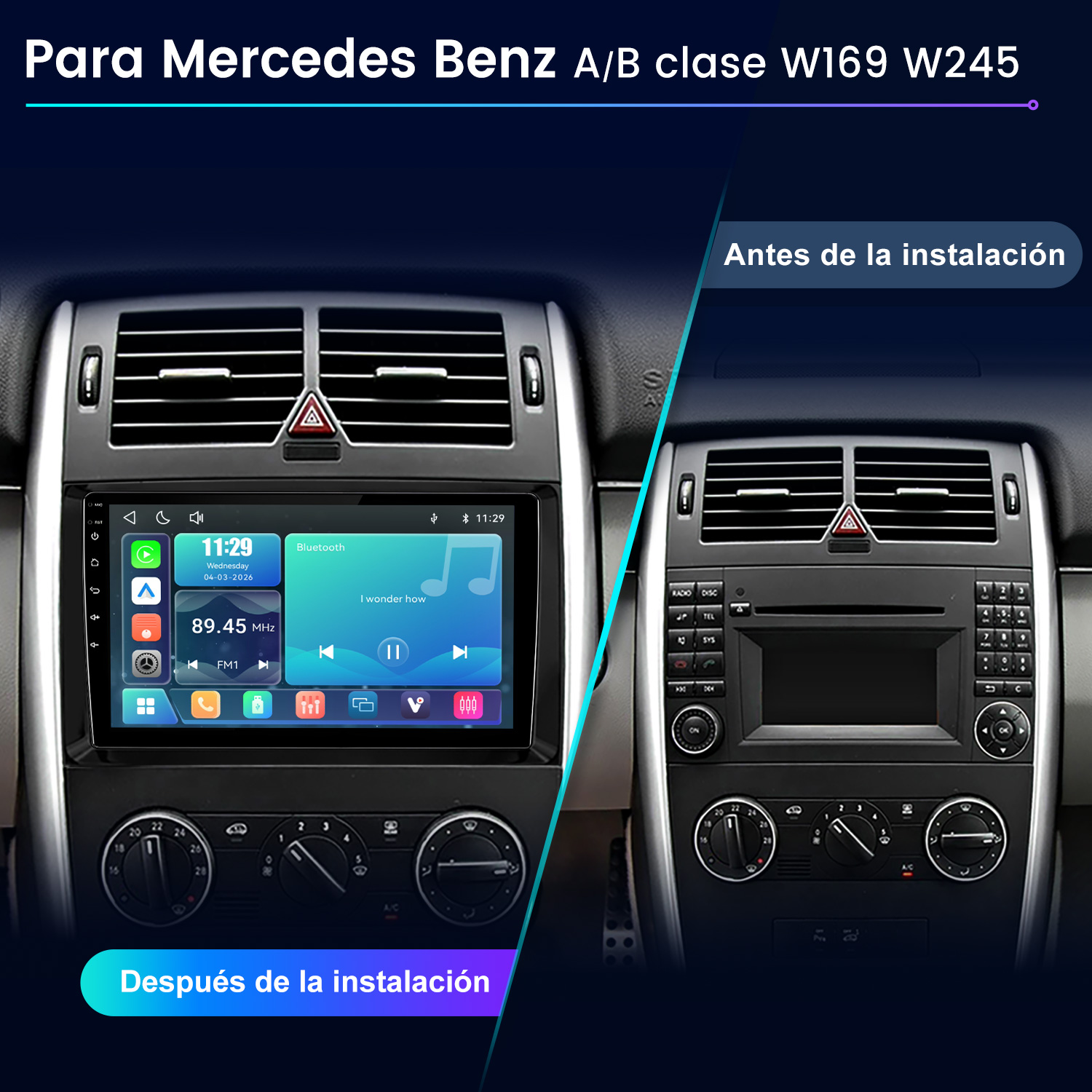 Comparación antes y después de un salpicadero Mercedes Benz Clase A/B con nuevo sistema de infoentretenimiento.