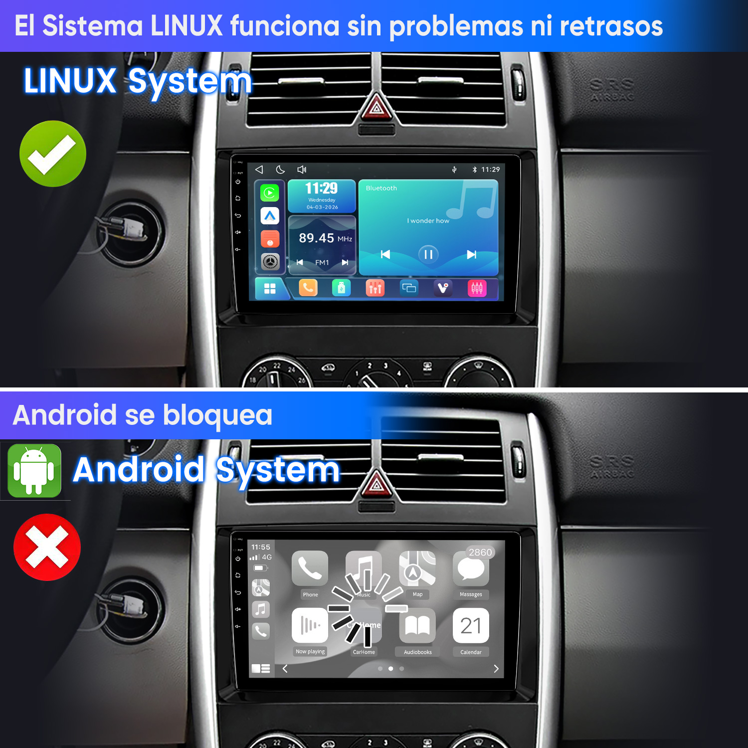 Arriba: Infoentretenimiento LINUX con música, abajo: Android con apps.