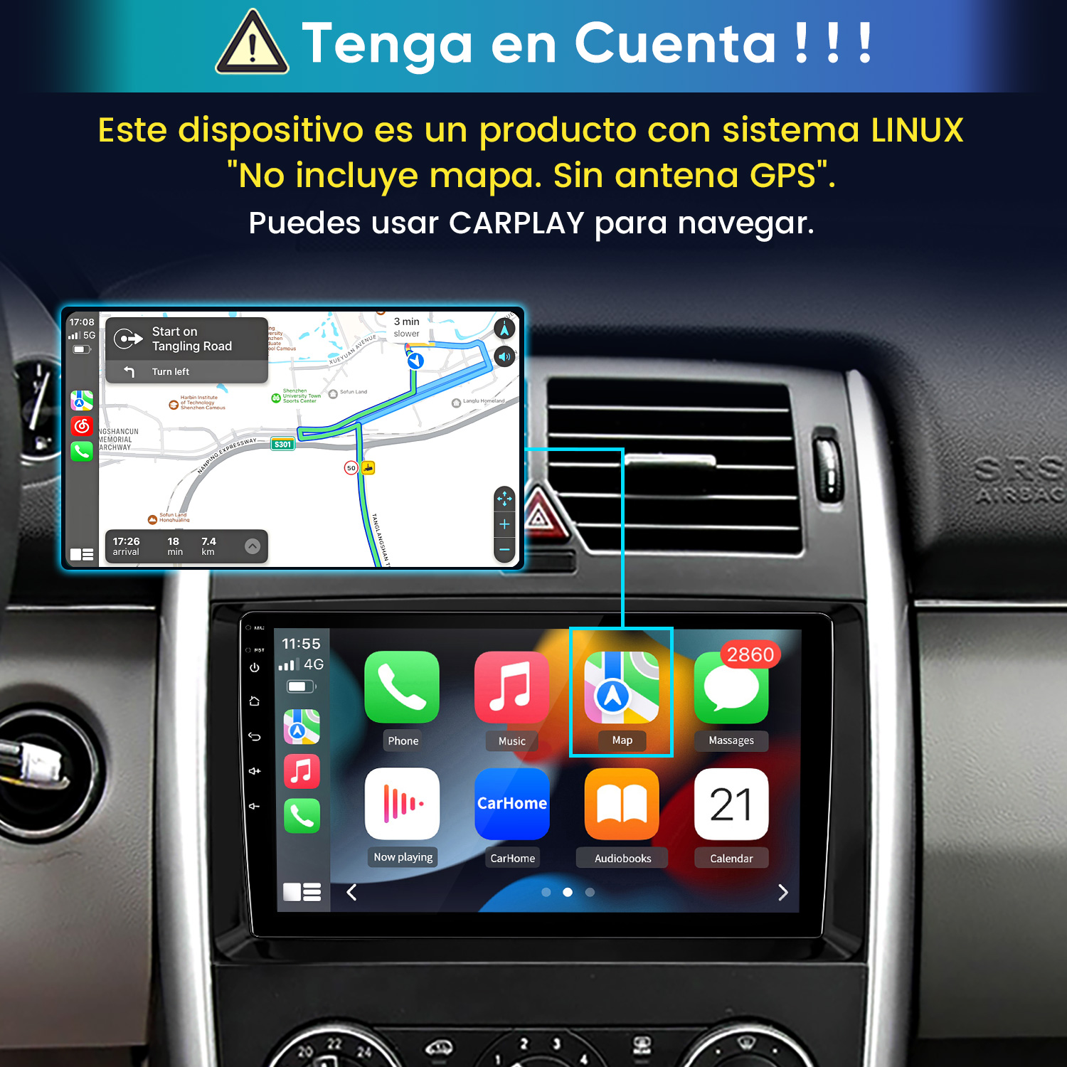 Se muestra un sistema de infoentretenimiento para automóvil con app de navegación.