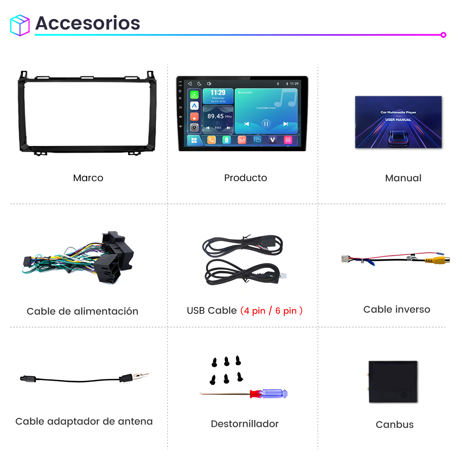 Vista general de accesorios para coche: marco, producto, manual, cables, destornillador, Canbus.