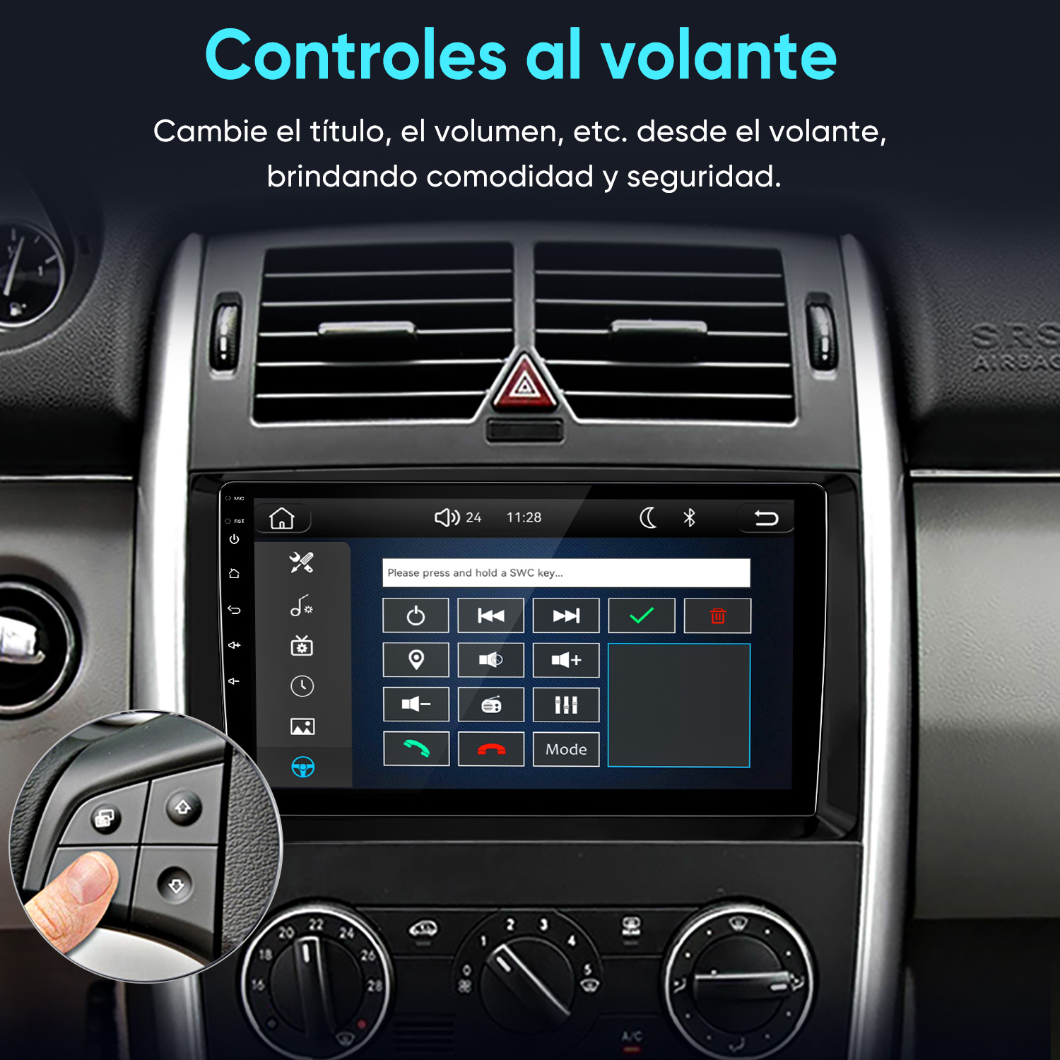 Un dedo presiona un botón del volante junto a la pantalla táctil del estéreo del coche.