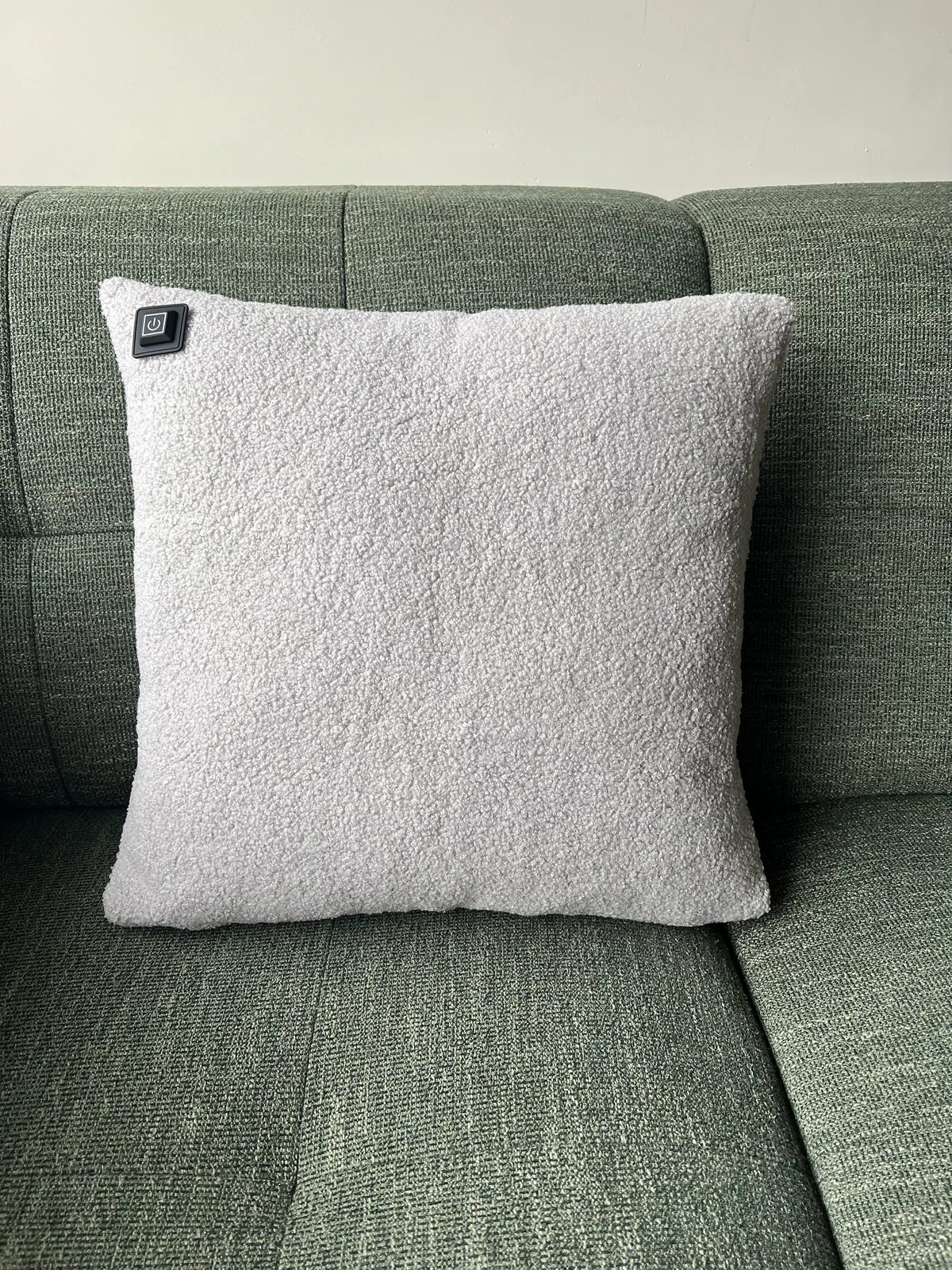 Ein hellgraues Kissen mit Teddyfell-Textur auf einem grünen Sofa.