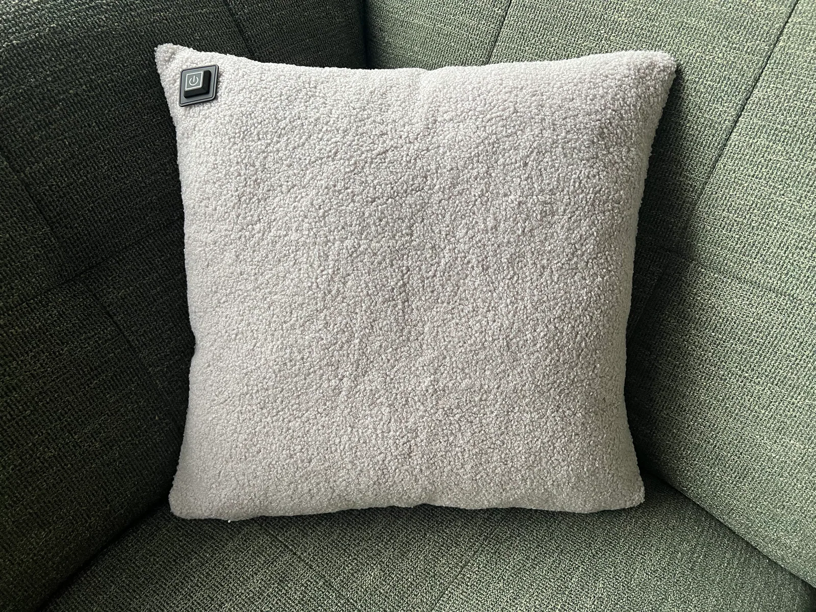 Ein hellgraues Teddy-Kissen mit schwarzem Power-Symbol auf einem grünen Sofa.