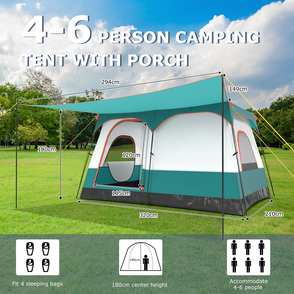 Una carpa de camping turquesa para 4-6 personas con porche, se muestran las dimensiones.