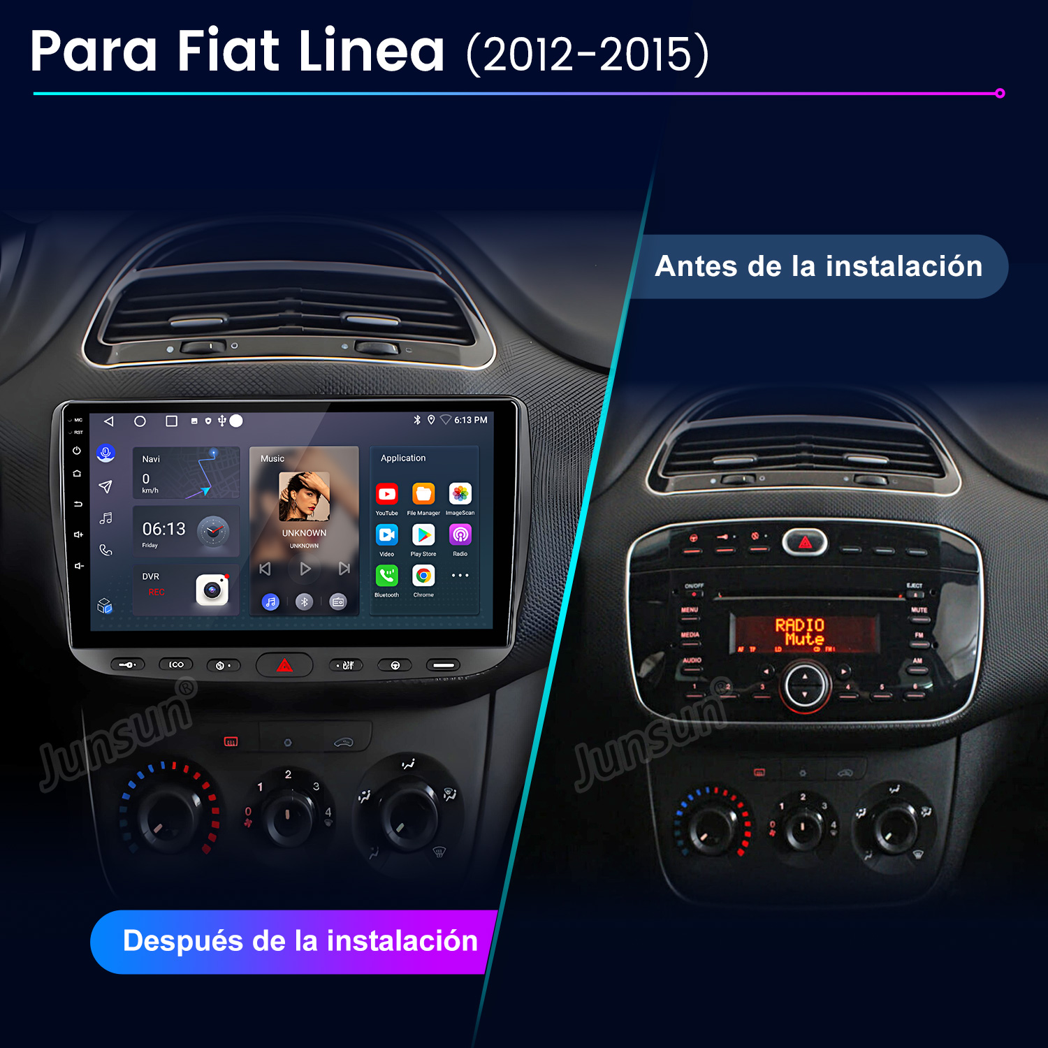 Comparación antes y después de un salpicadero Fiat Linea con nuevo sistema de infoentretenimiento.