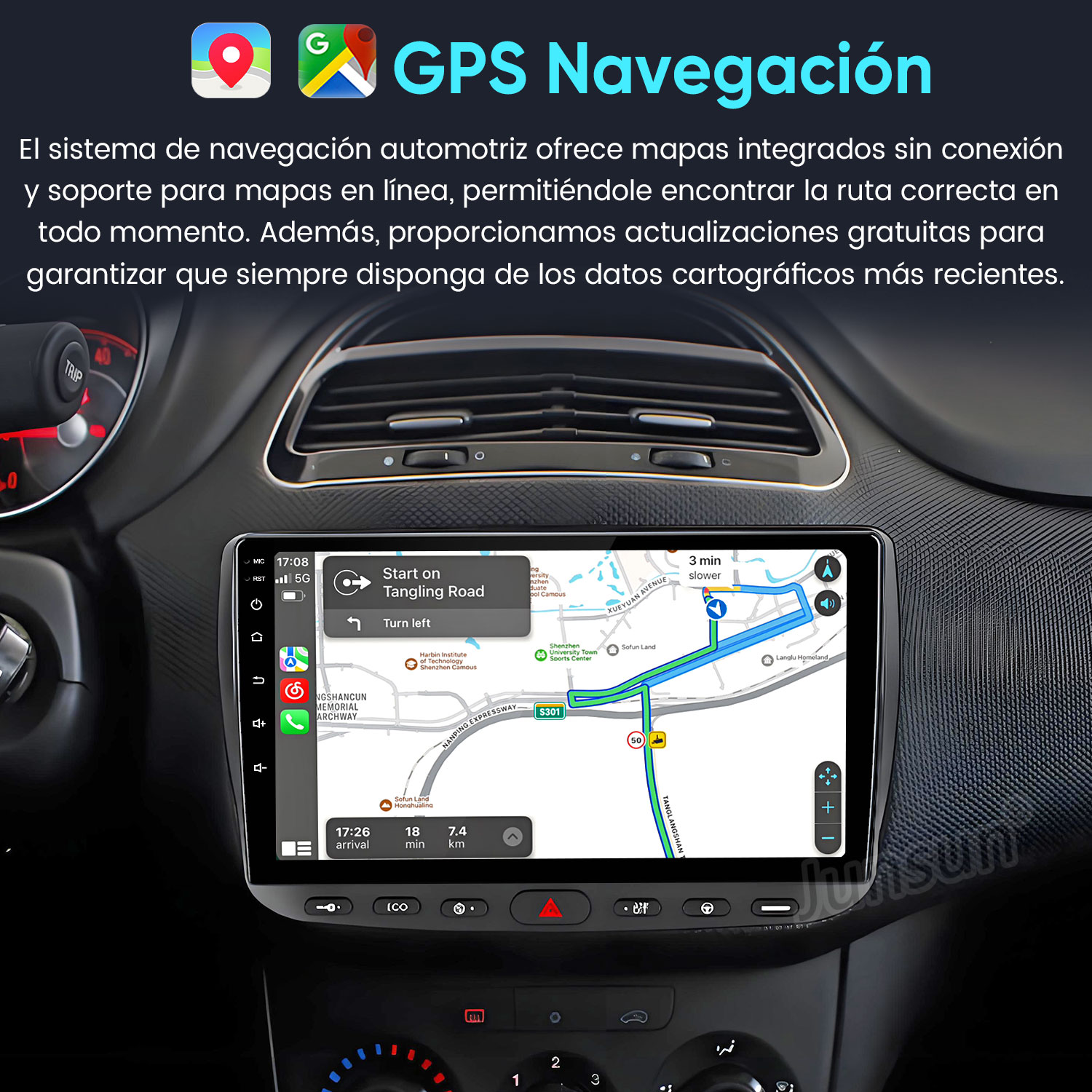 Un sistema de navegación para automóviles con mapas en línea y sin conexión muestra una ruta en pantalla.