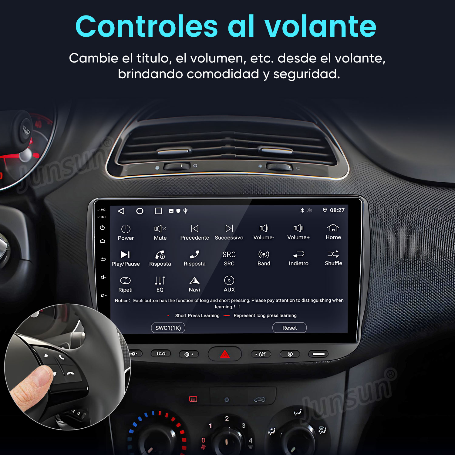 Pantalla de coche con controles de volante y menú de navegación.