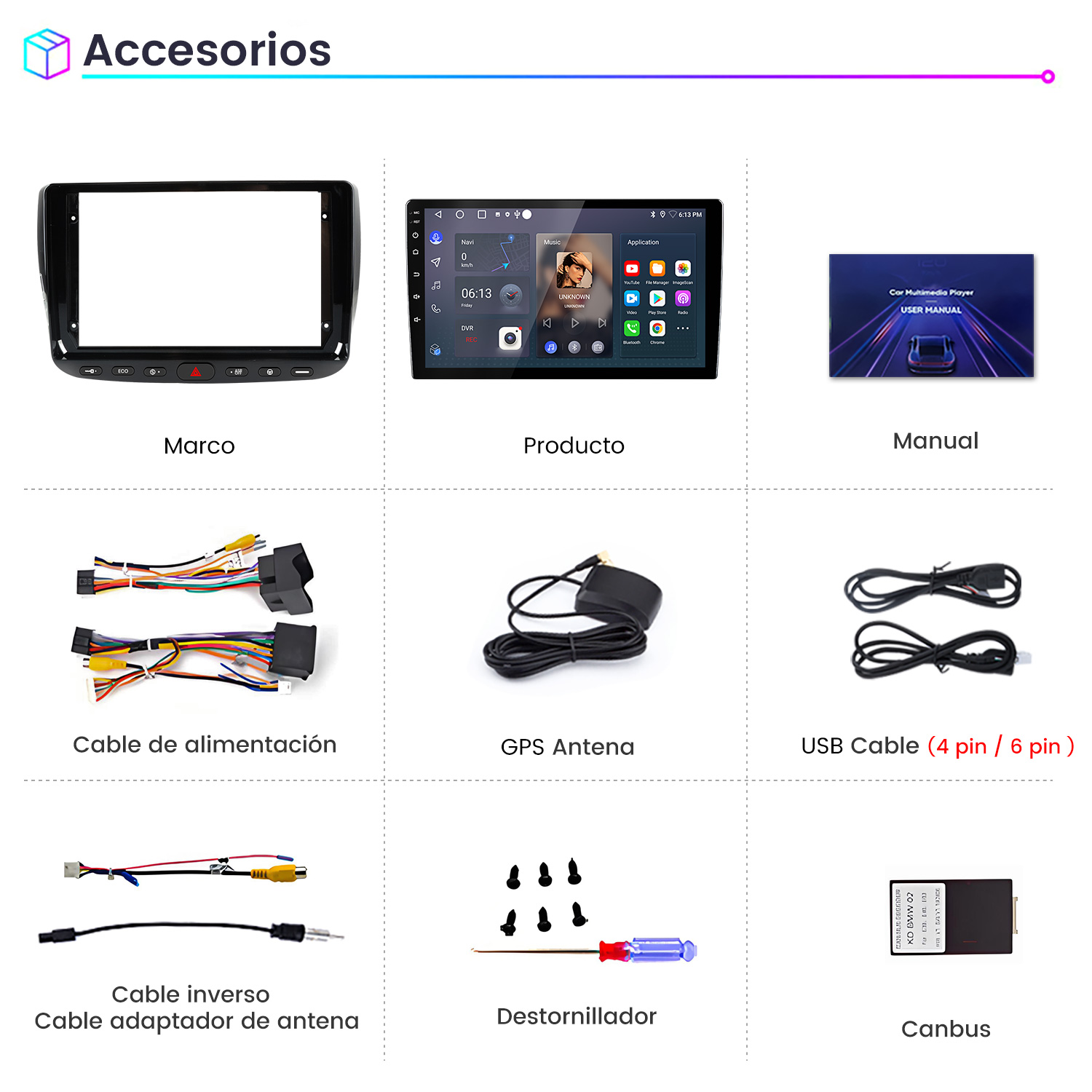 Marco de radio de coche, radio de coche, manual, cables, antena, destornillador y Canbus.