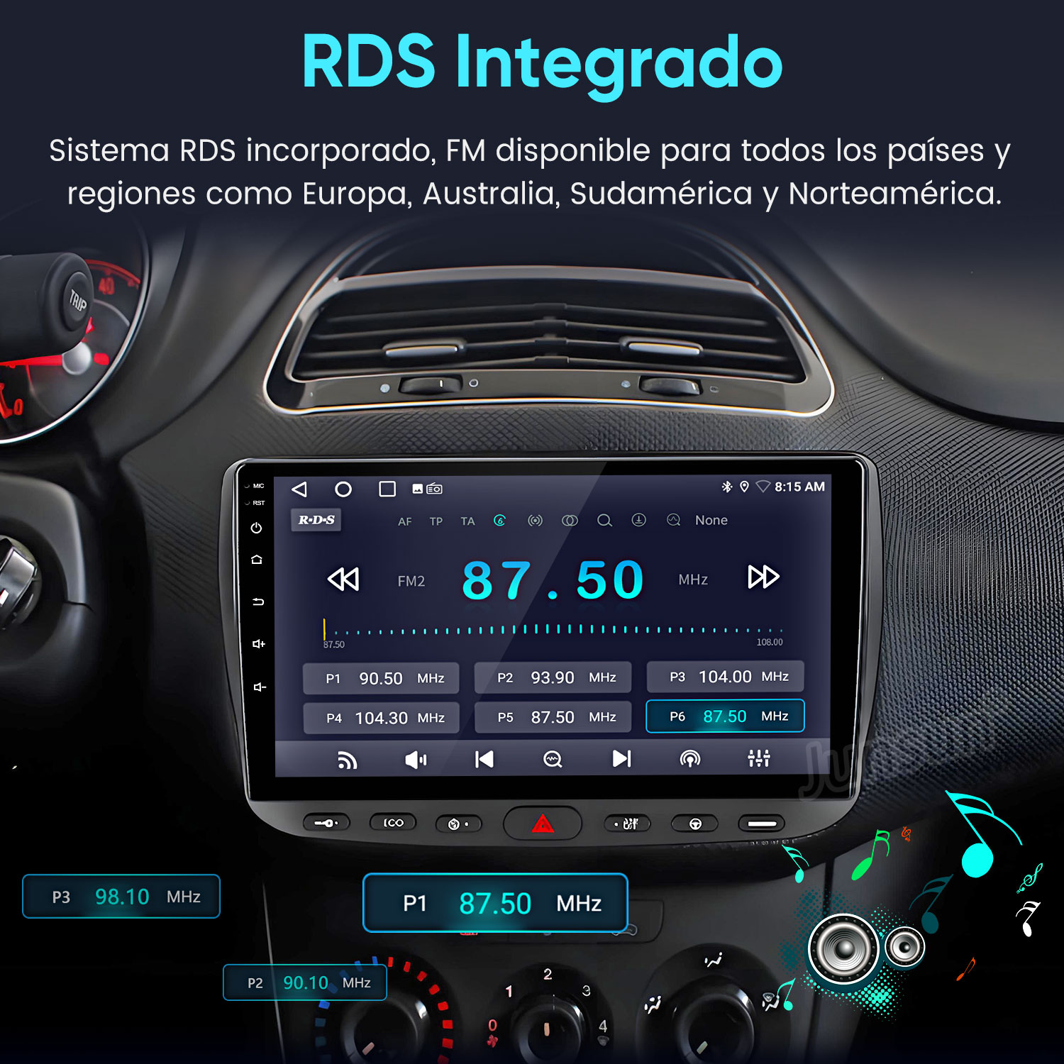 Salpicadero de coche con pantalla de radio RDS que muestra 87,50 MHz.