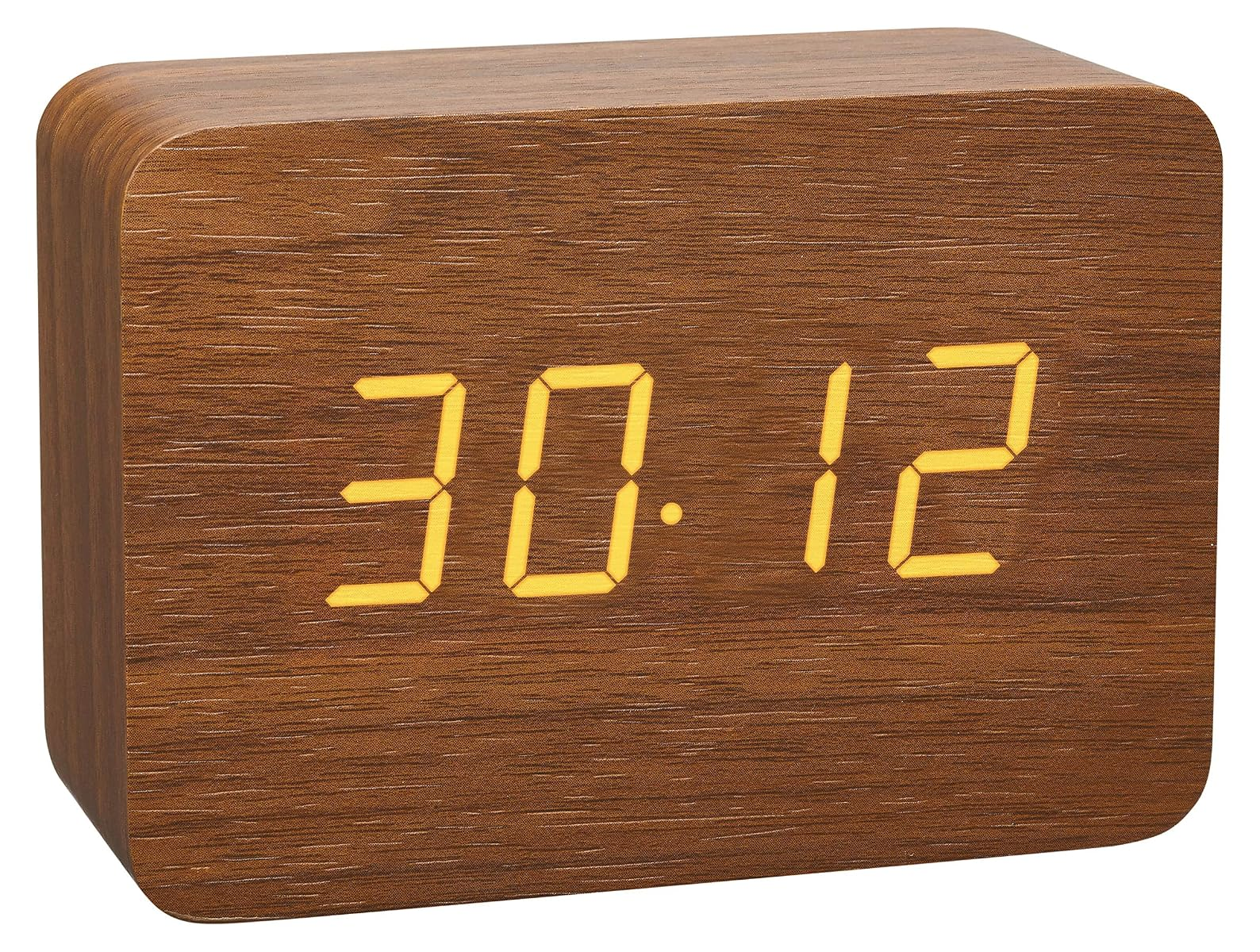 Holz digitaluhr zeigt 30:12 an.