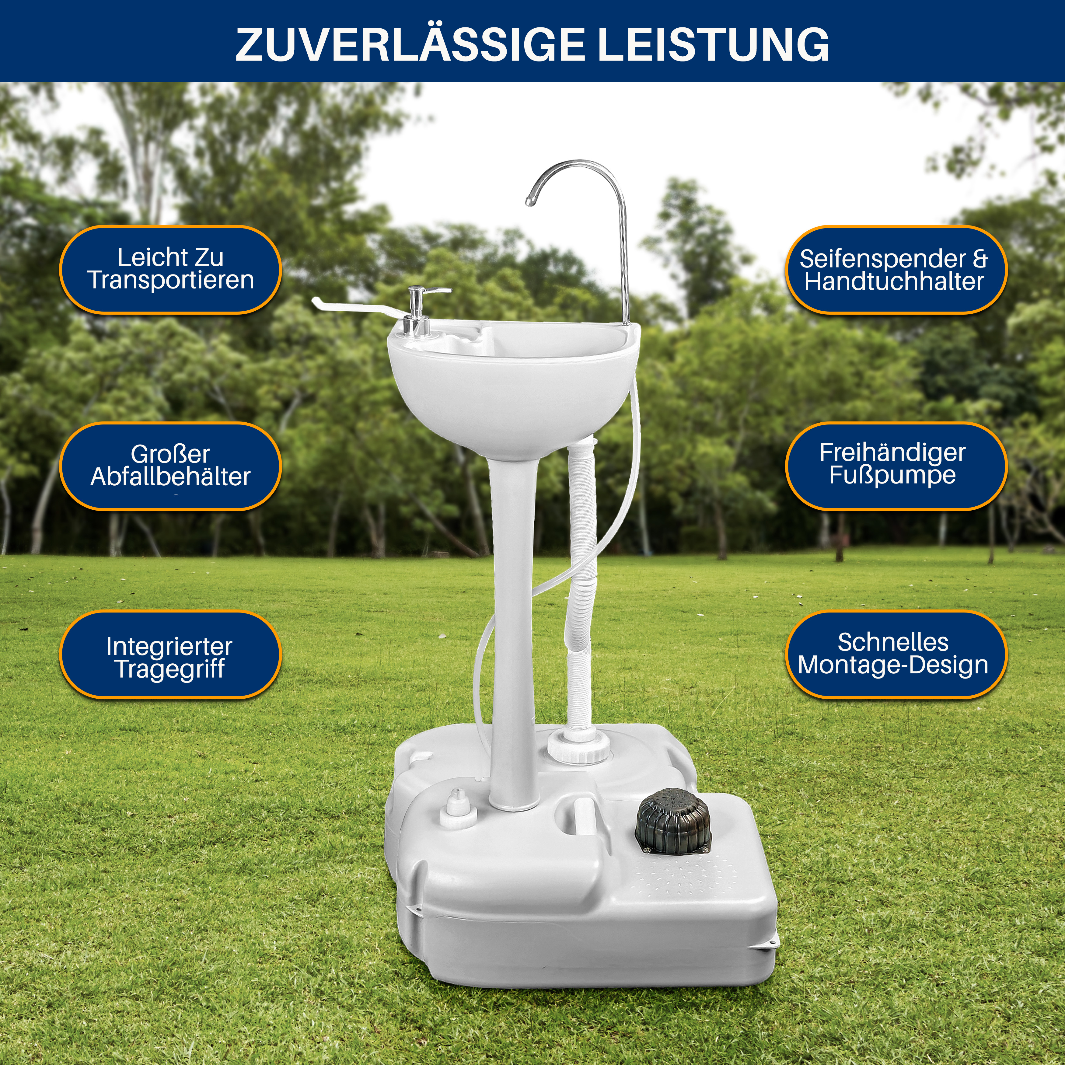 Ein tragbares Waschbecken mit Fußpumpe und Mülleimer im Freien.