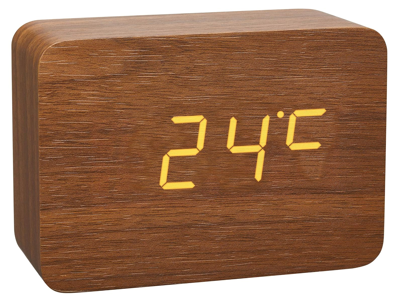 Ein Holzwecker zeigt 24 Grad Celsius an.
