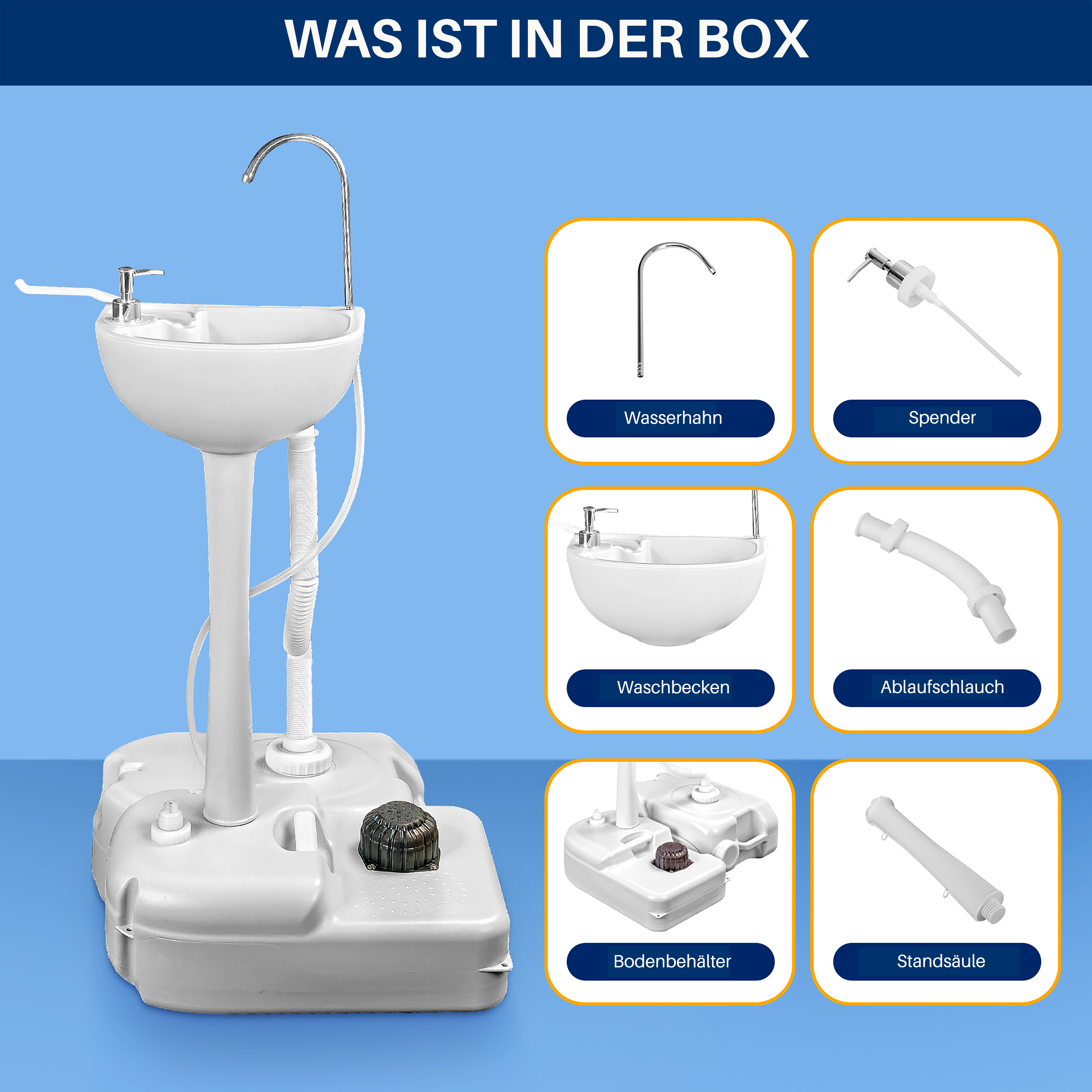 Ein freistehendes Waschbecken mit Wasserspender, Ablassschlauch und Sockel.