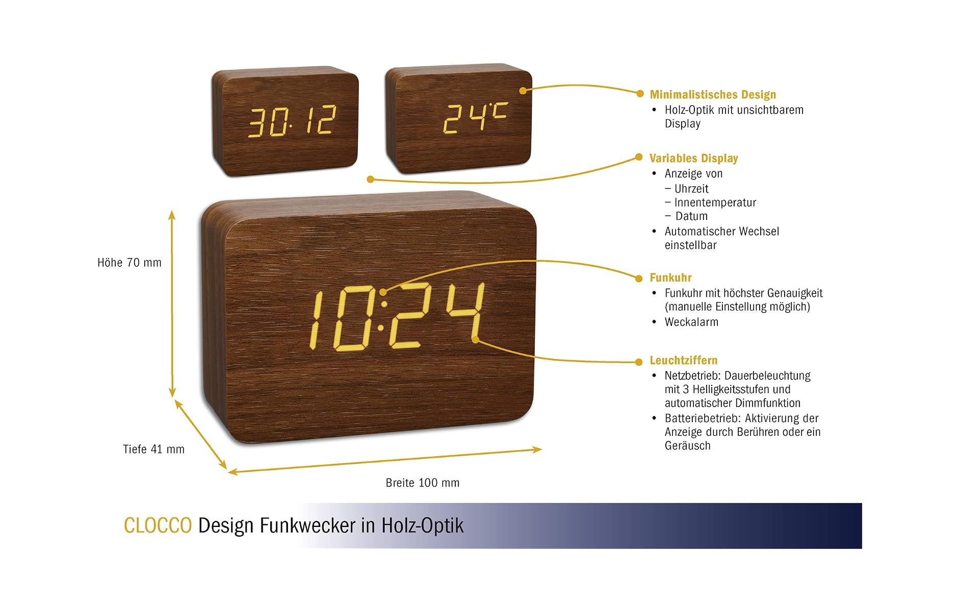 Holzdesign-Digitalwecker mit gelben Ziffern. Zeigt Uhrzeit, Datum, Temperatur an.