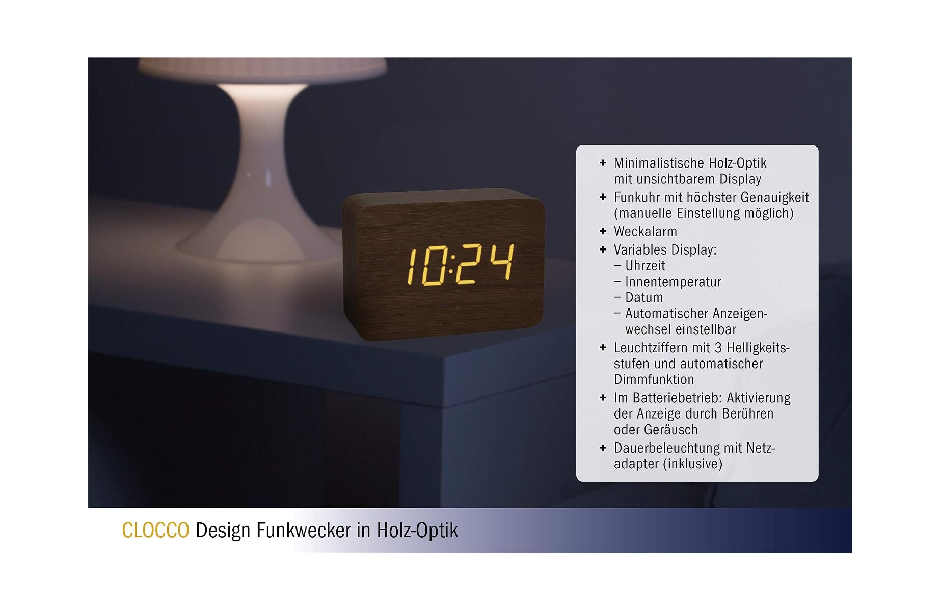 Ein hölzerner Digitalwecker zeigt 10:24 an, neben einer Nachttischlampe.
