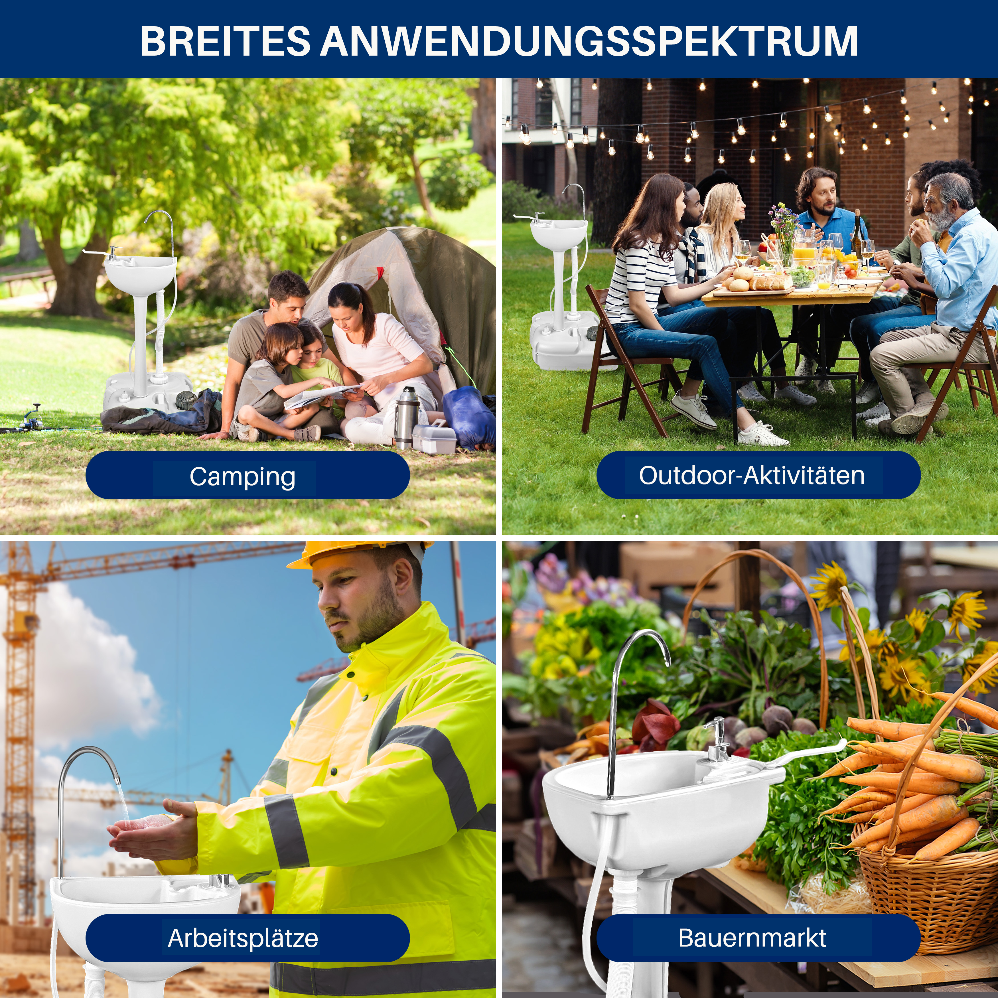Vier Szenen zeigen ein tragbares Waschbecken: Camping, Outdoor-Event, Baustelle, Bauernmarkt.