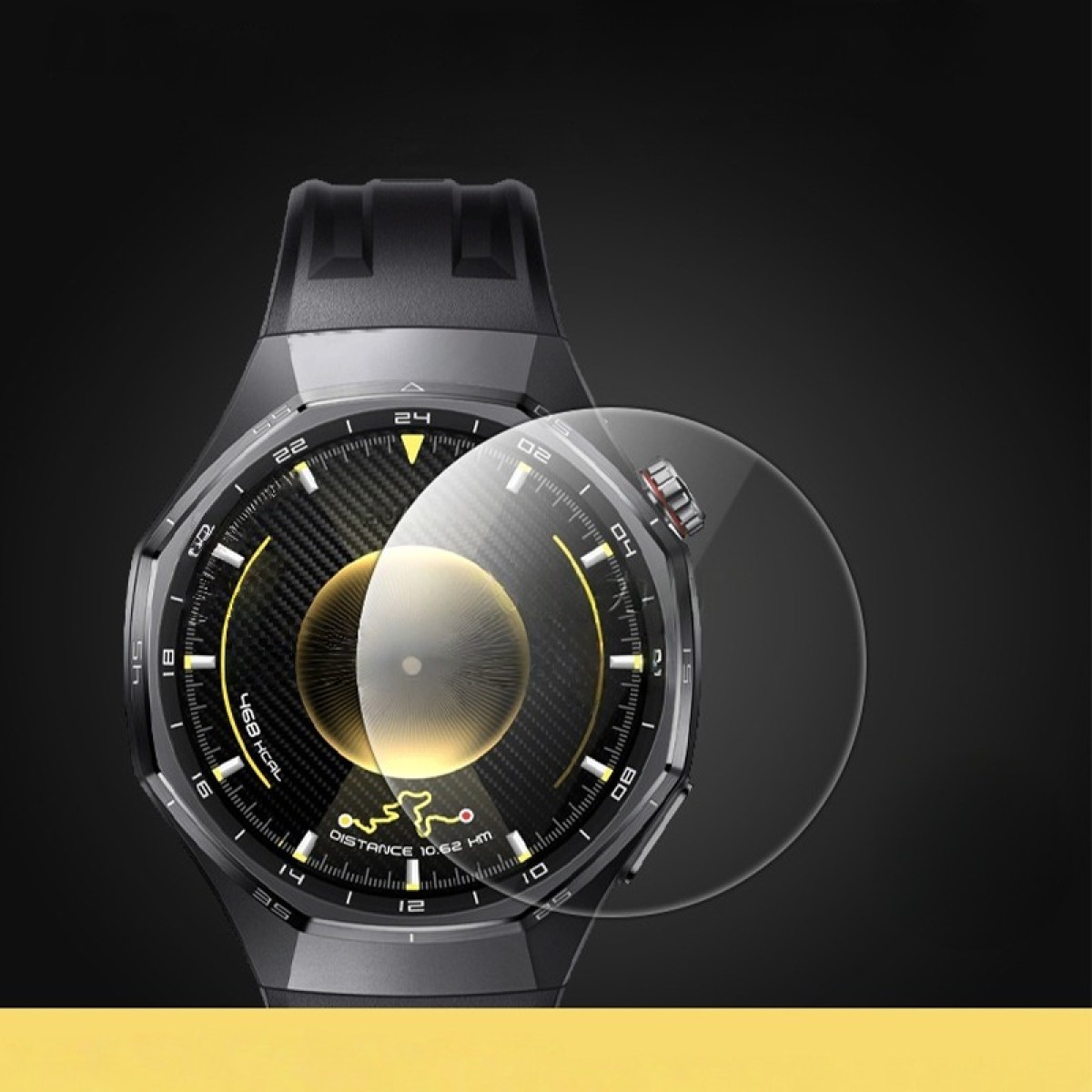 Eine Nahaufnahme einer Smartwatch mit Zifferblatt und Schutzfolie.