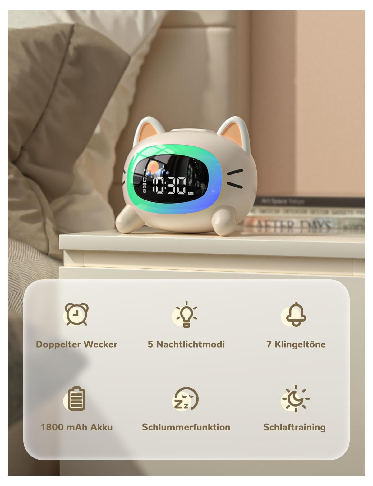 Niedlicher Katzenwecker mit digitaler Anzeige, 5 Nachtlichtmodi, 7 Klingeltöne.
